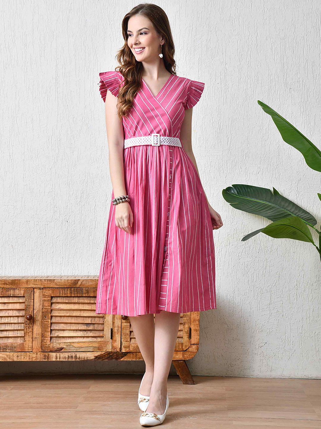 YANAMORA Women Striped V-Neck Flutter Sleeve Wrap Dress with Belt