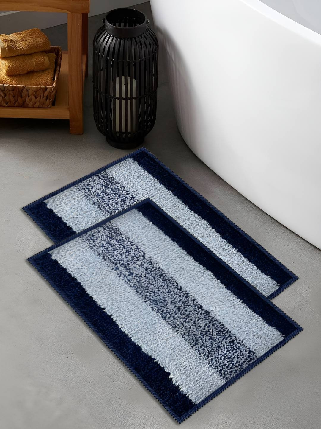 GRISHVA 2Blue & White 2 Pieces 110 GSM Striped Microfibre Anti-Skid Bath Rugs