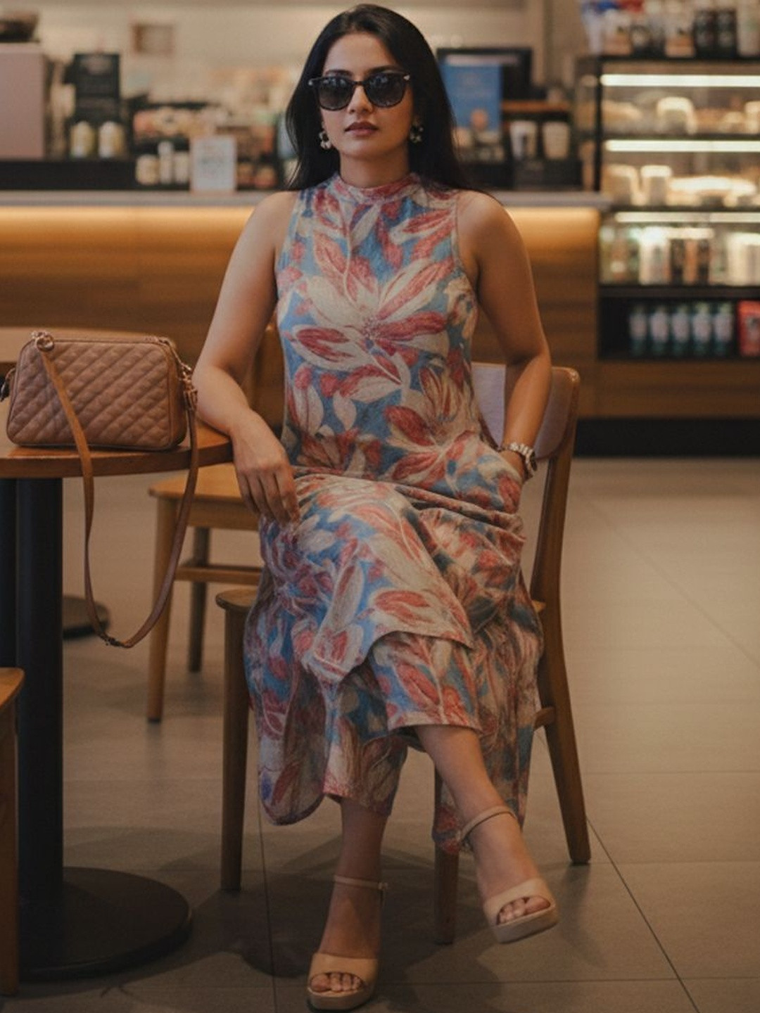 Aaghnya Floral Printed Band Collar No Sleeves Straight Kurta With Trousers