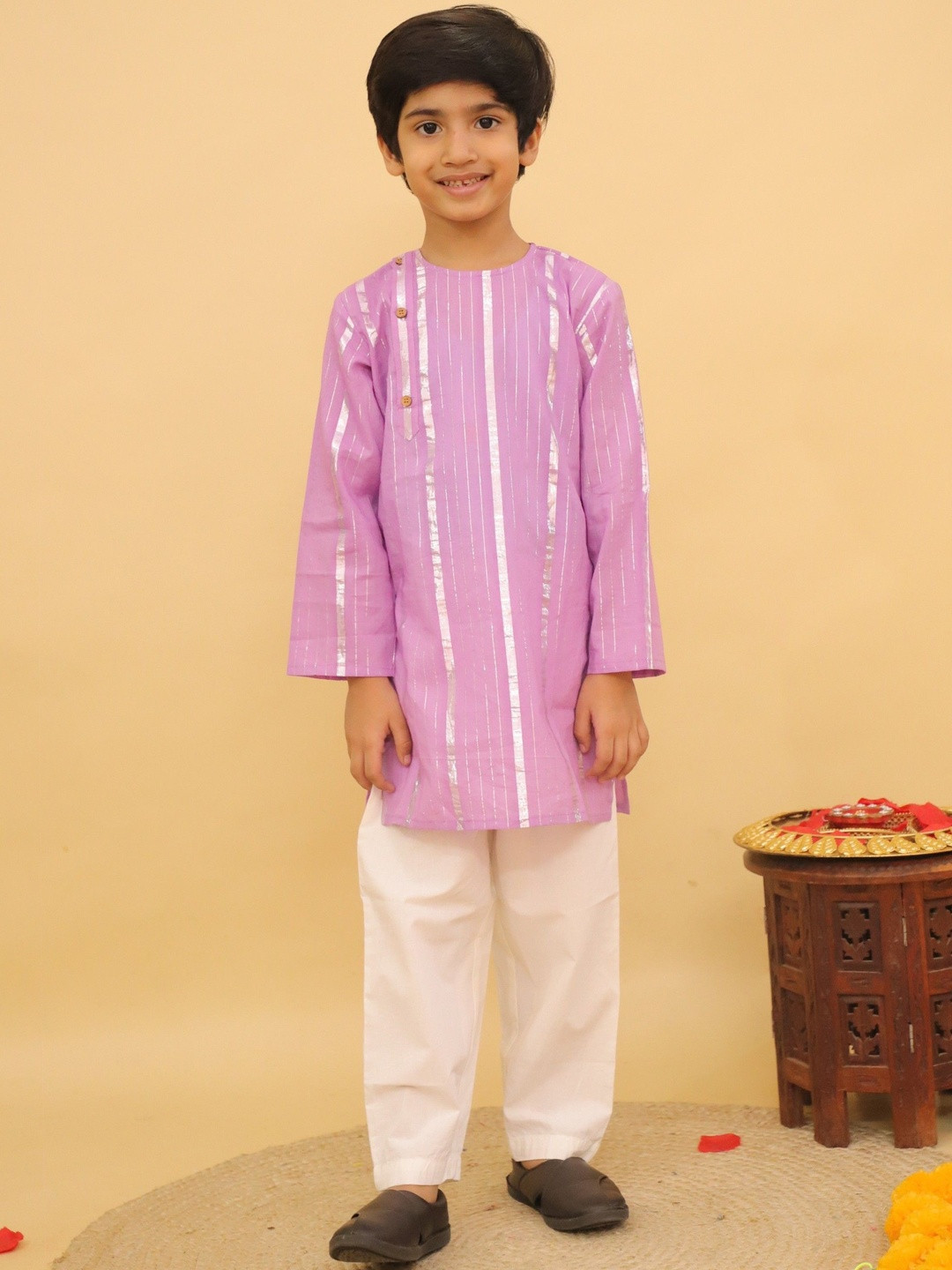 Baal Leela Boys Striped Round Neck Pure Cotton Kurta With Trousers
