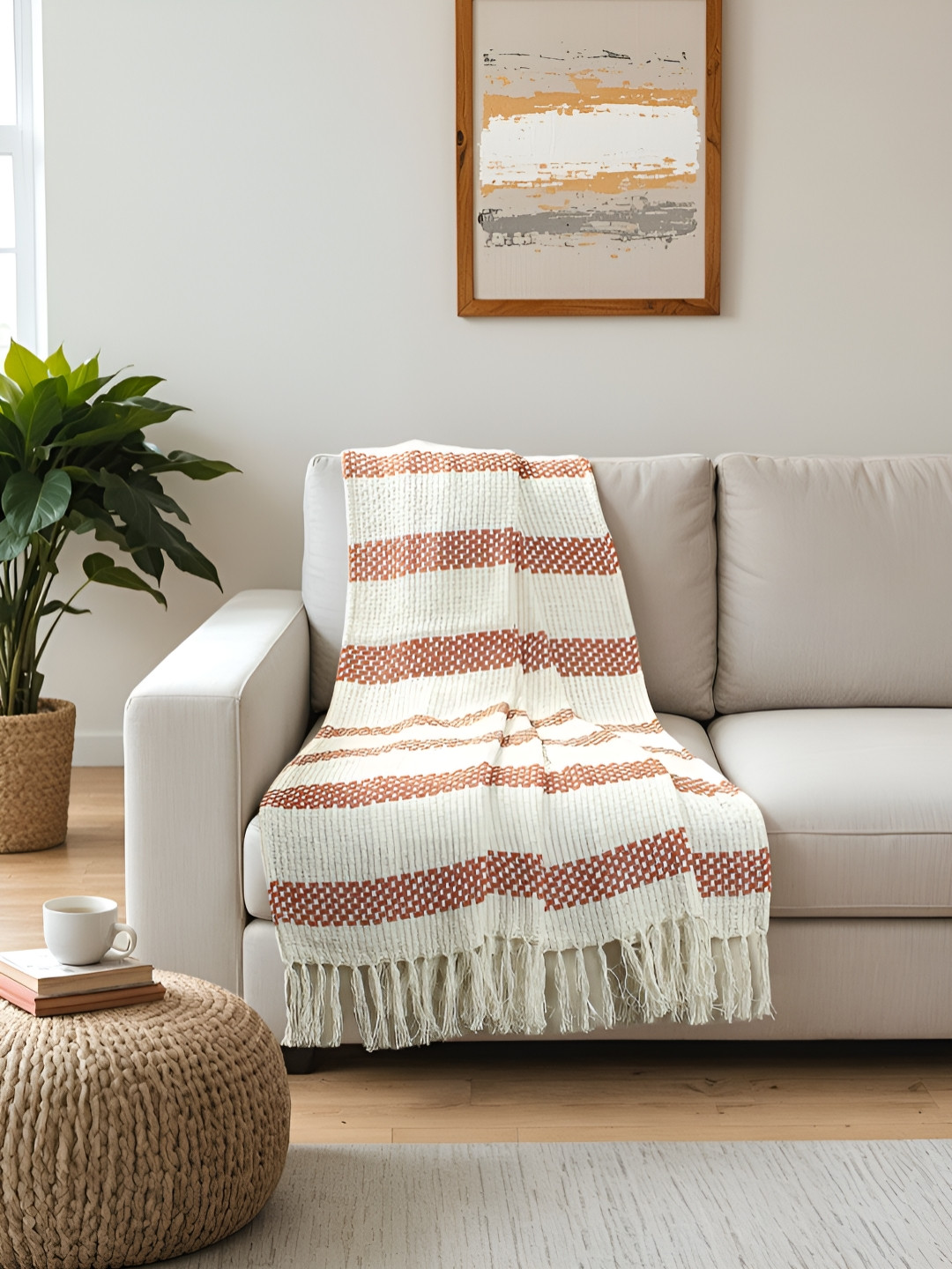House This Shivalik Rust & White Self-Design Pure Cotton Tasselled Throws