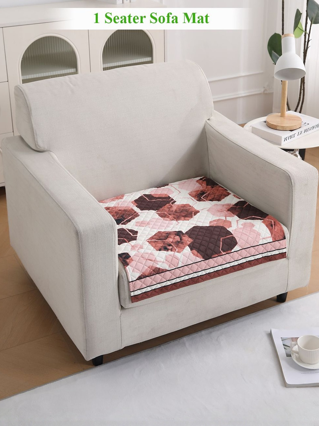 HOKIPO LiefNest Cider Red Printed Holland Velvet Sofa Mat 1 Seater with Foam Filling