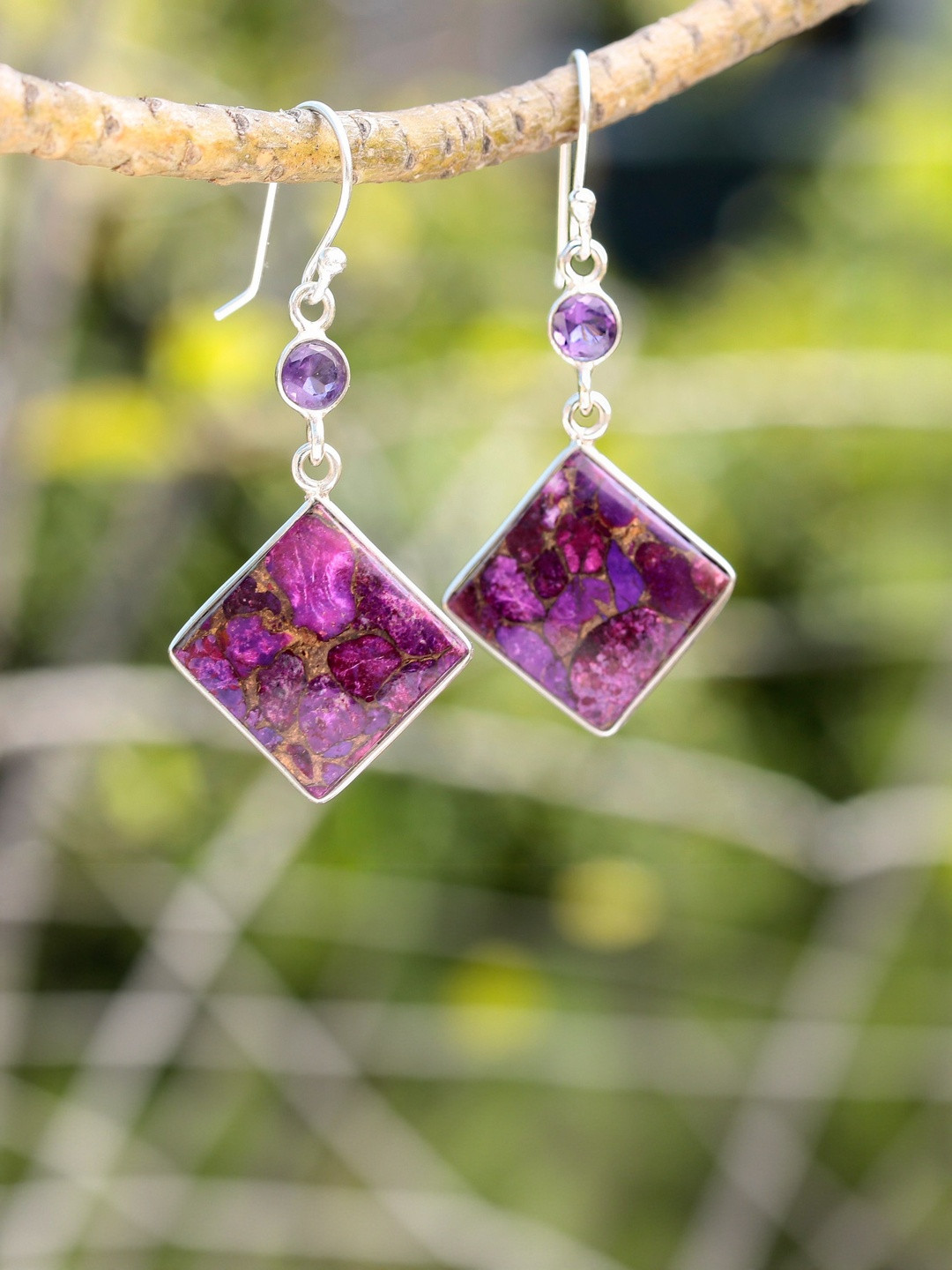 FUSIONARI Silver Plated Turquoise Diamond Shaped Drop Earrings