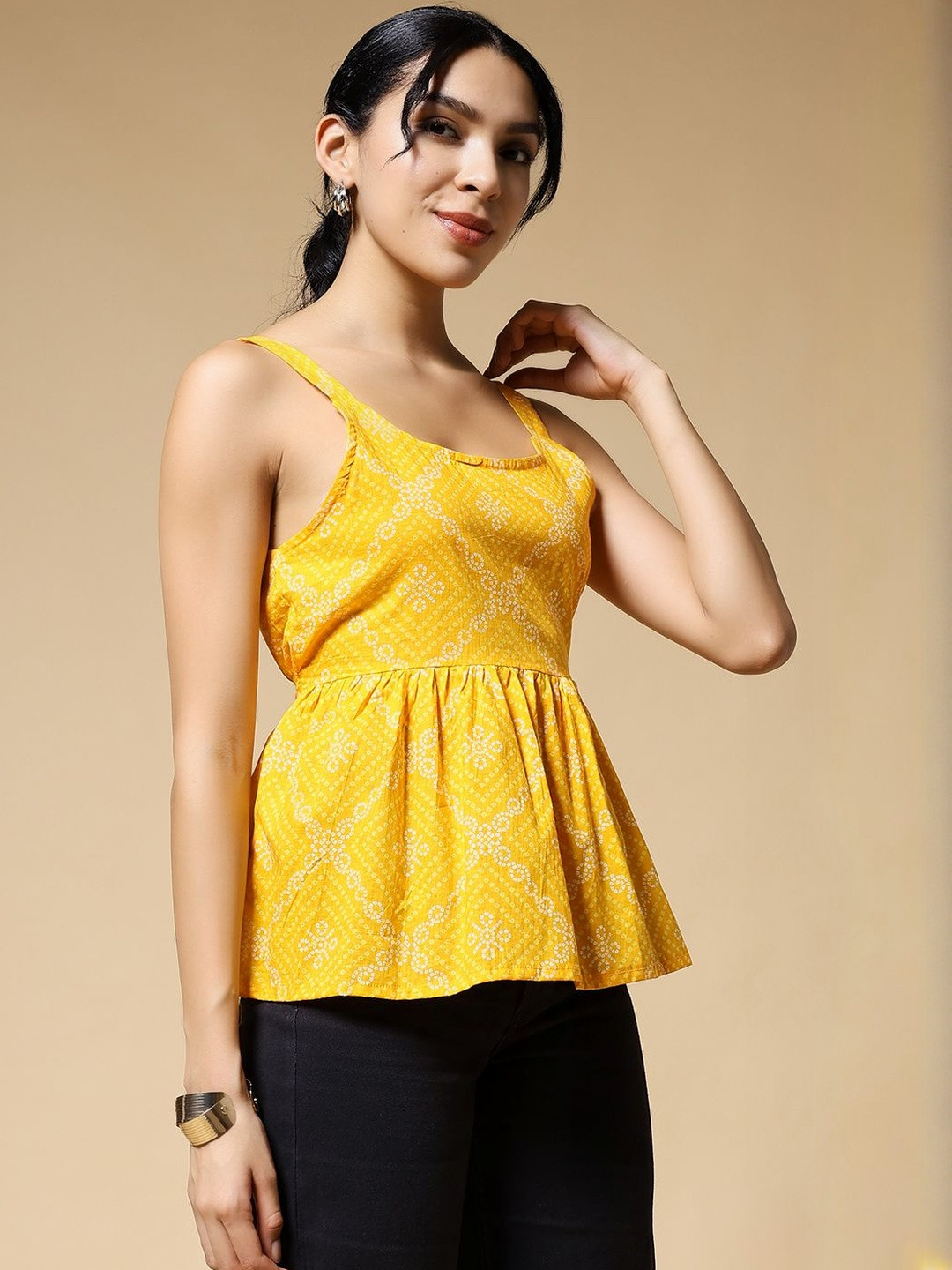 Yellow Ethnic Motif Scoop Neck Peplum Top