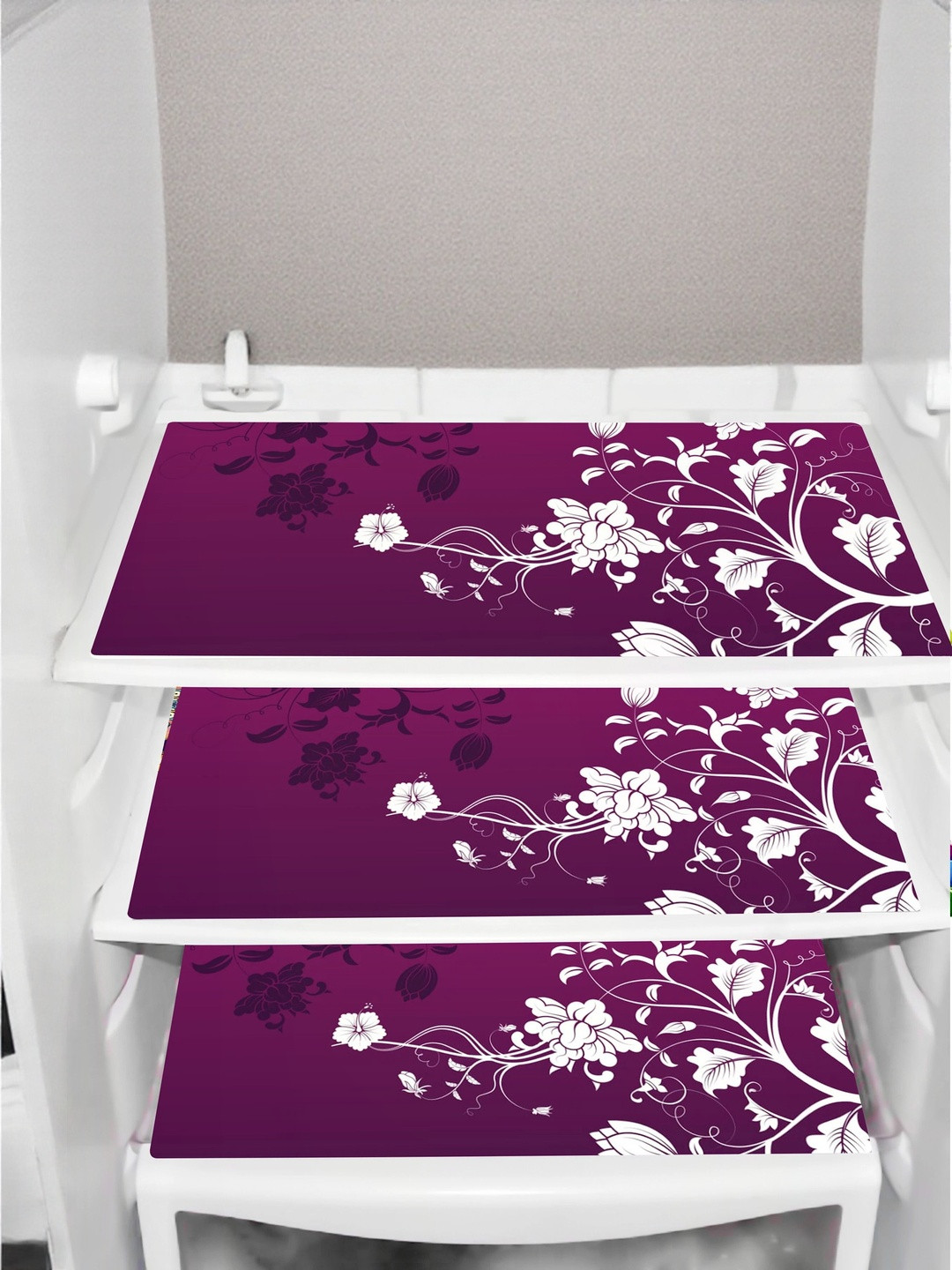 Cread Craft Purple & White Set Of 3 Floral Printed Plastic Fridge Mats