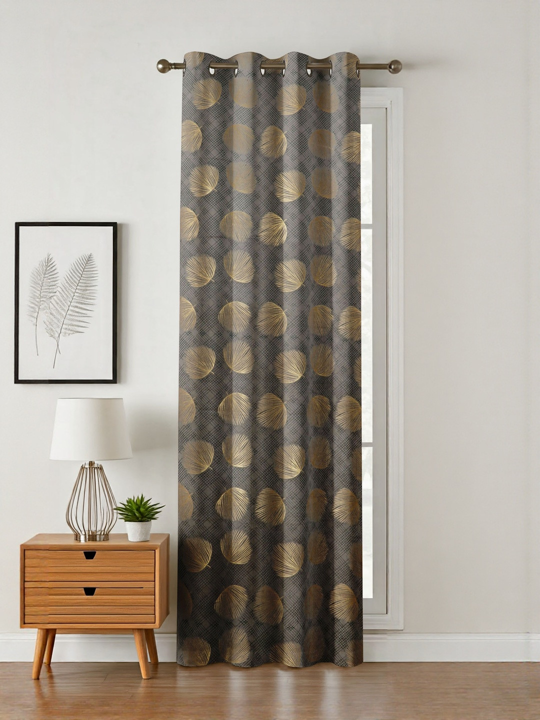 GEET CREATIONS Grey And Beige Floral Printed Room Darkening Velvet Long Door Curtain