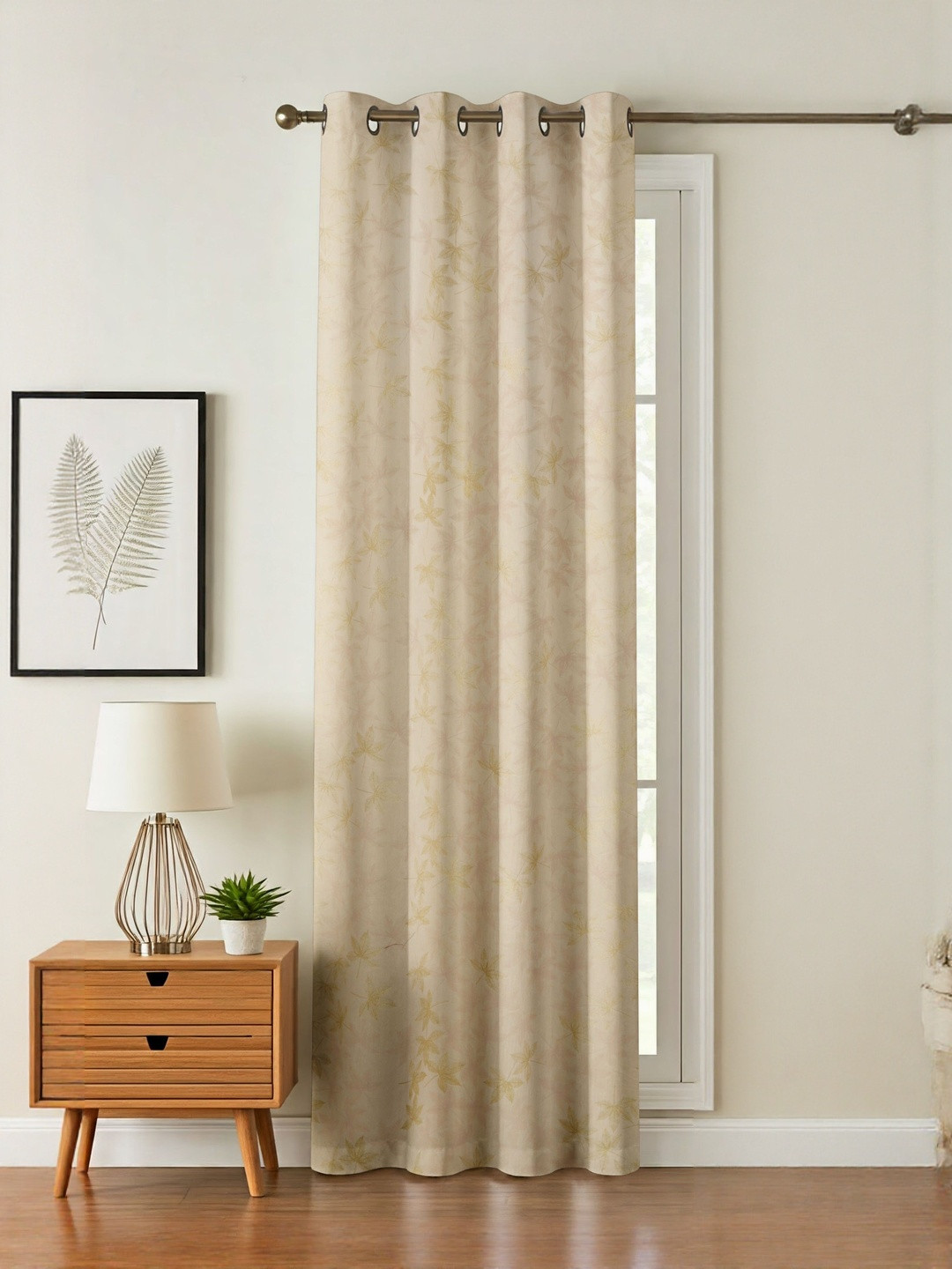 GEET CREATIONS Cream Leaf Printed Room Darkening Velvet Door Curtain