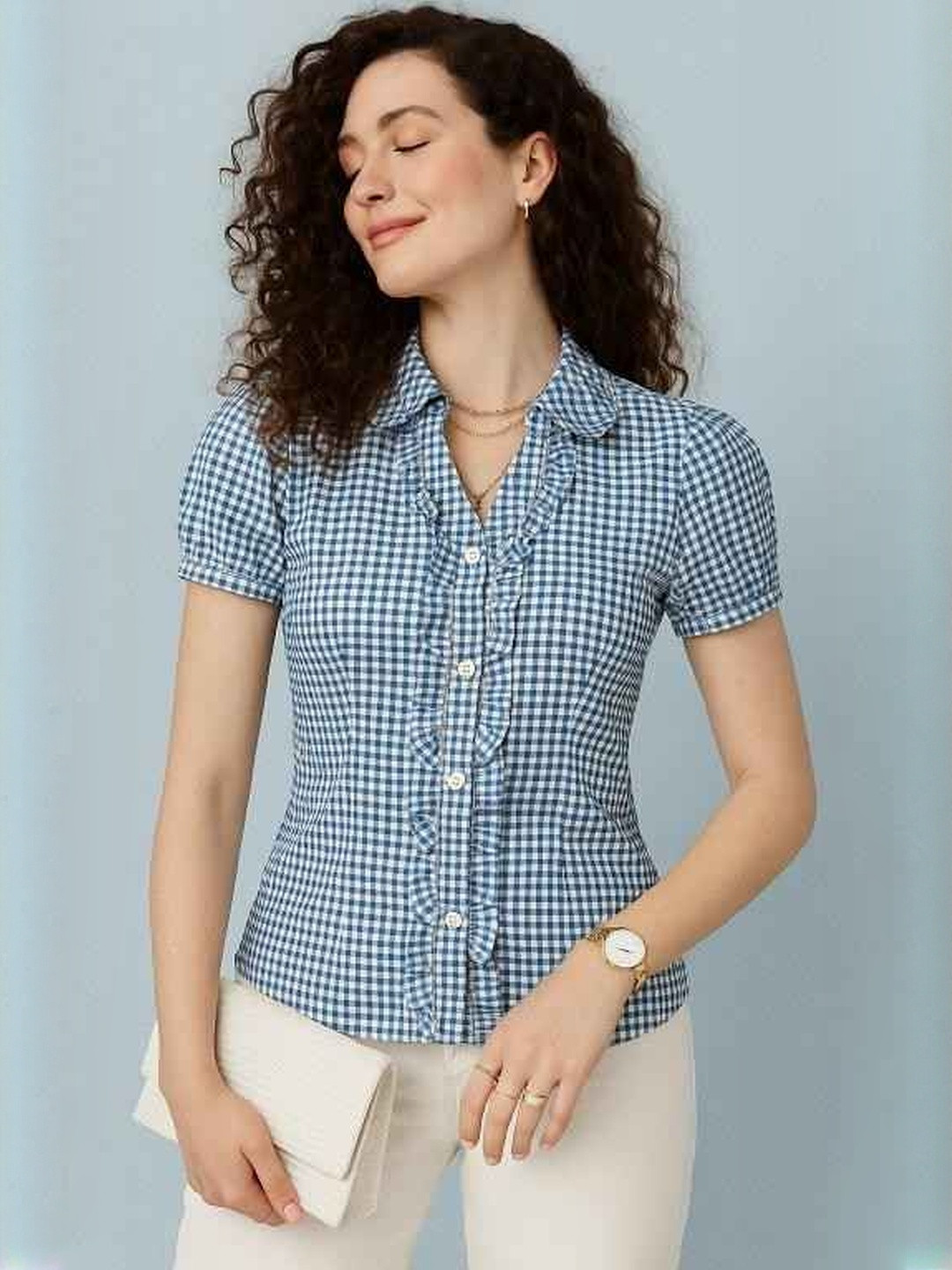 LAESTILOSO PRIVATE LIMITED Women Checked Ruffles Top with Button Closure