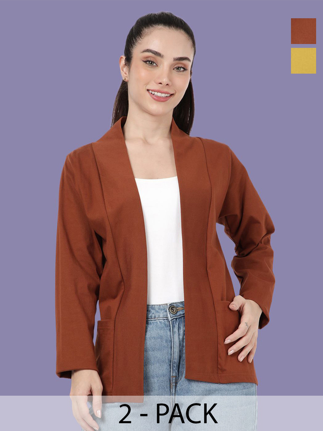 Kryptic Pack Of 2 Open Front Regular Fit Cotton Shrugs With Pocket For Layering