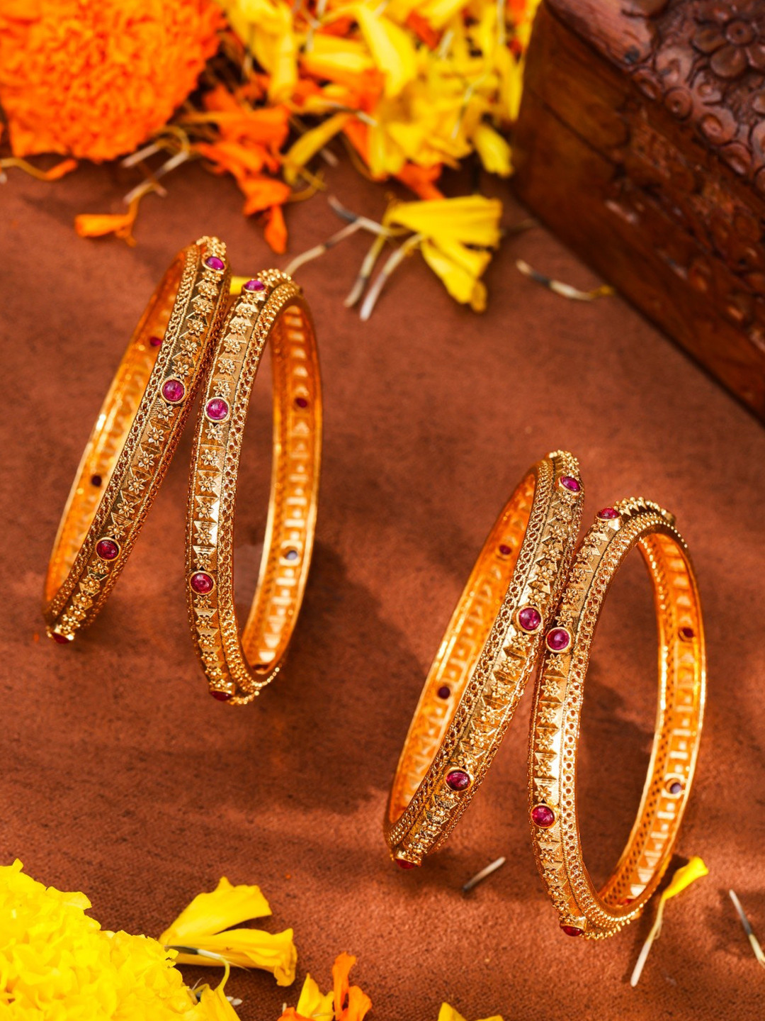 South Temple Jewellery Set of 4 Gold-Plated Artificial Stones Studded Textured Bangles