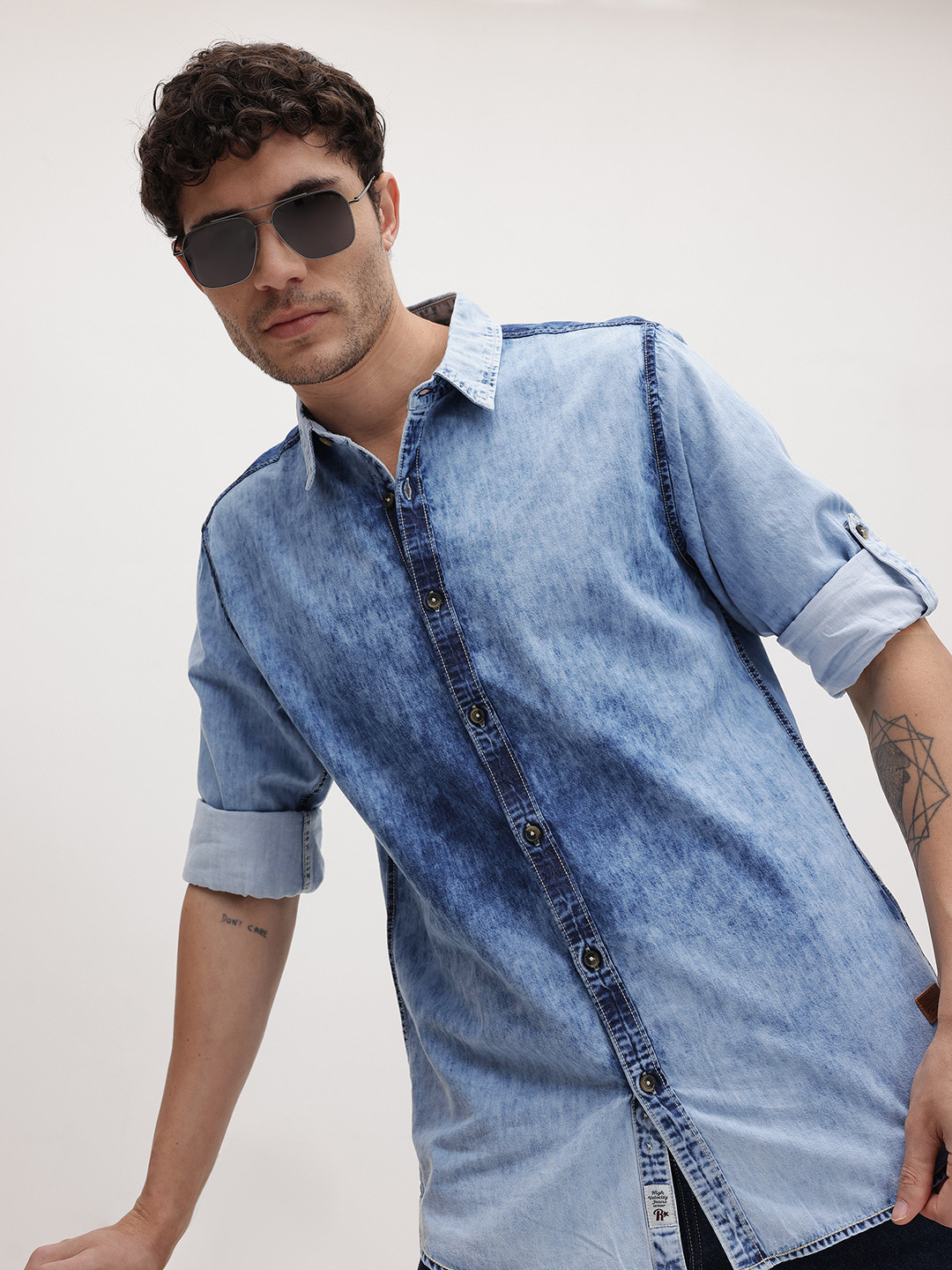 R.Code by The Roadster Life Co. Faded Pure Cotton Denim Casual Shirt