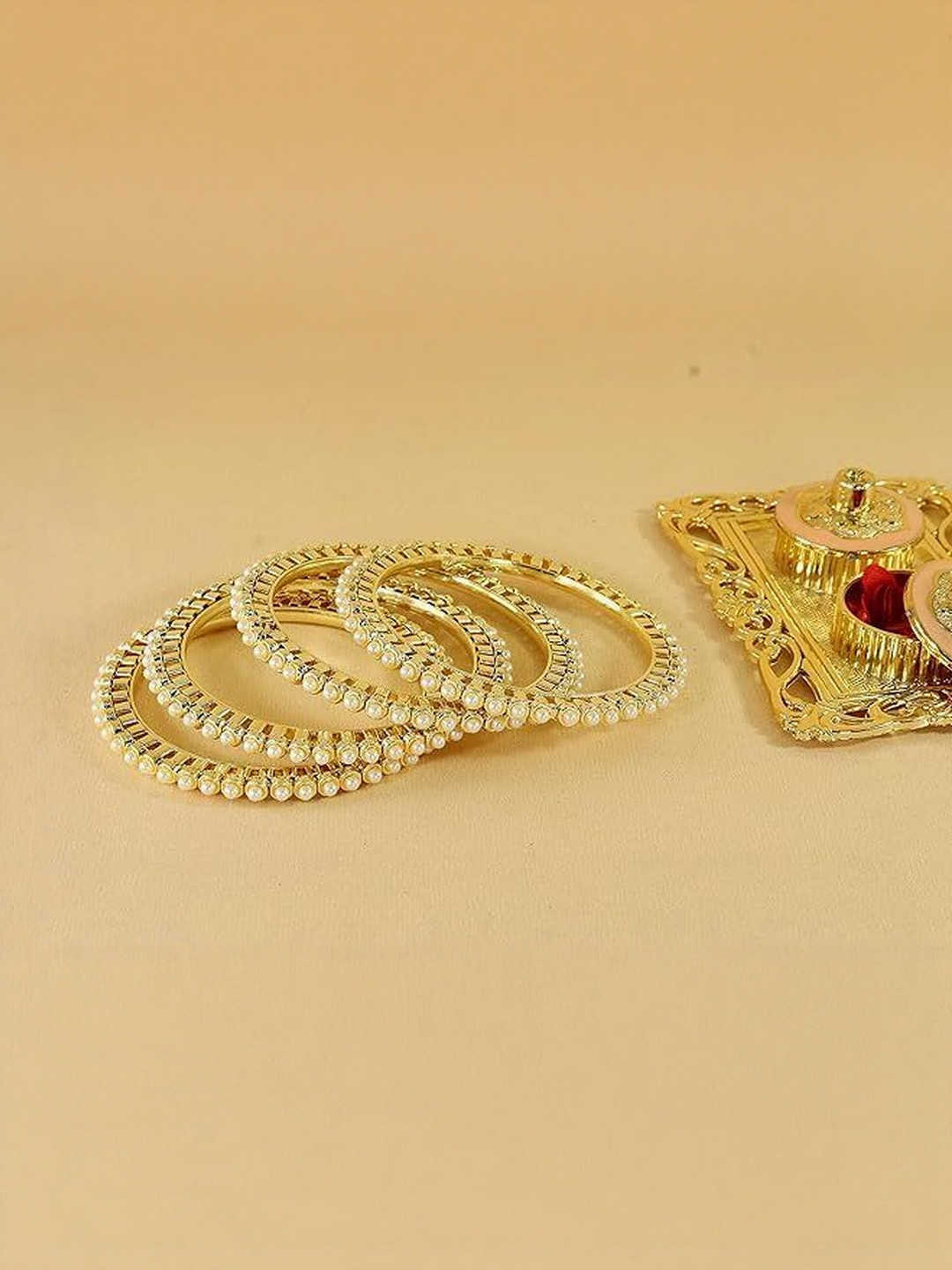 ZAYA Handmade Jewelry Set Of 4 Stainless Steel Gold-Plated Artificial Beaded Bangles