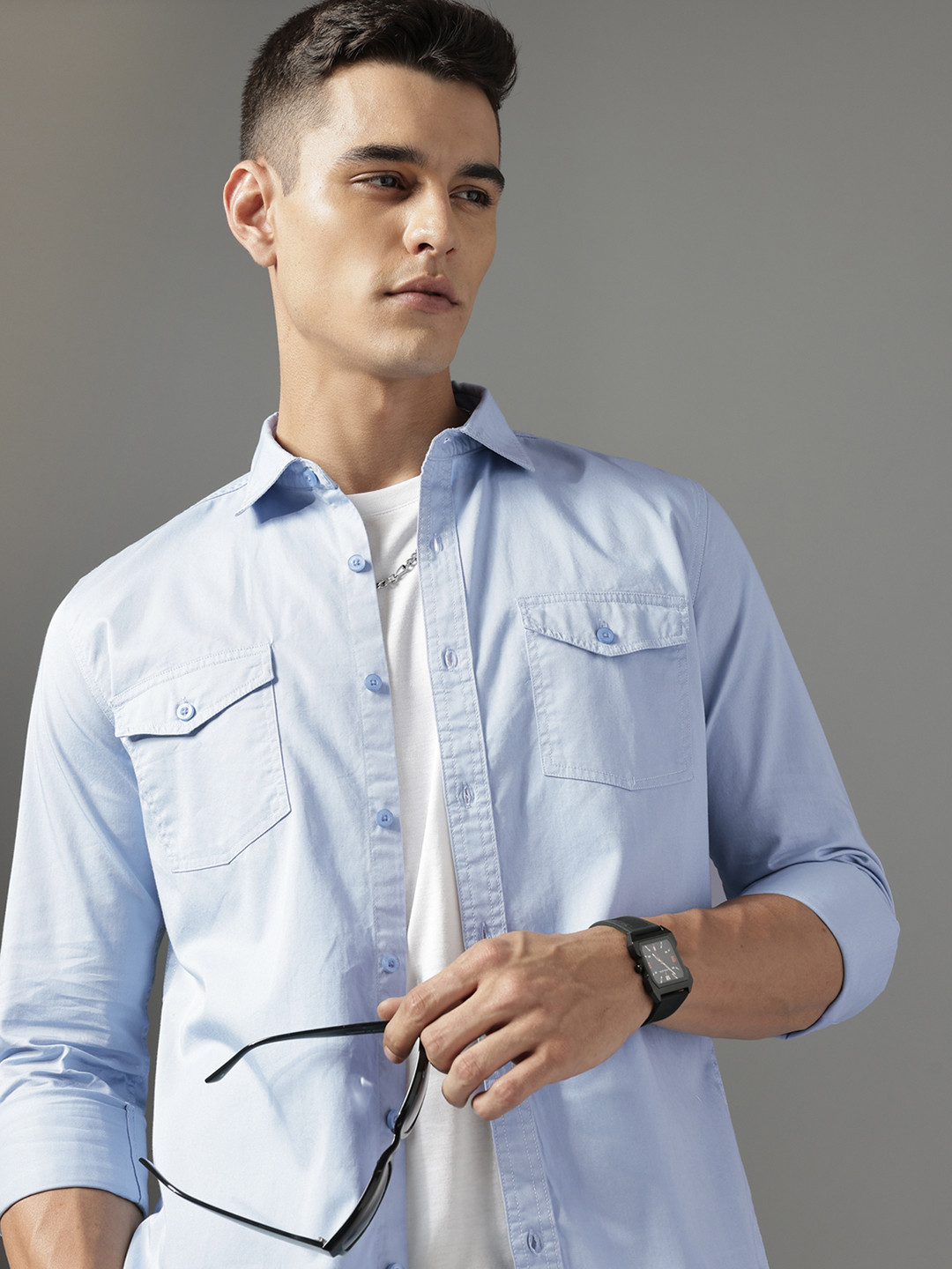 FCUK Solid With Flap Pockets Pure Cotton Casual Shirt