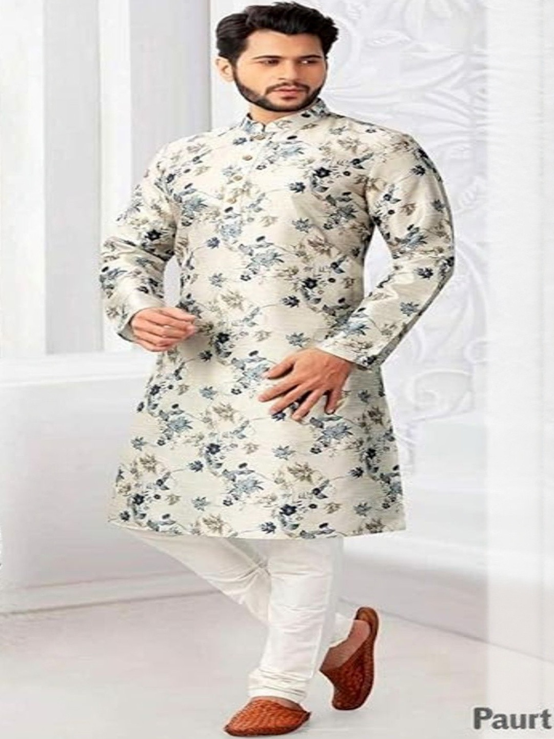 shree hari clothing Floral Printed Mandarin Collar Pure Cotton Kurta With Churidar