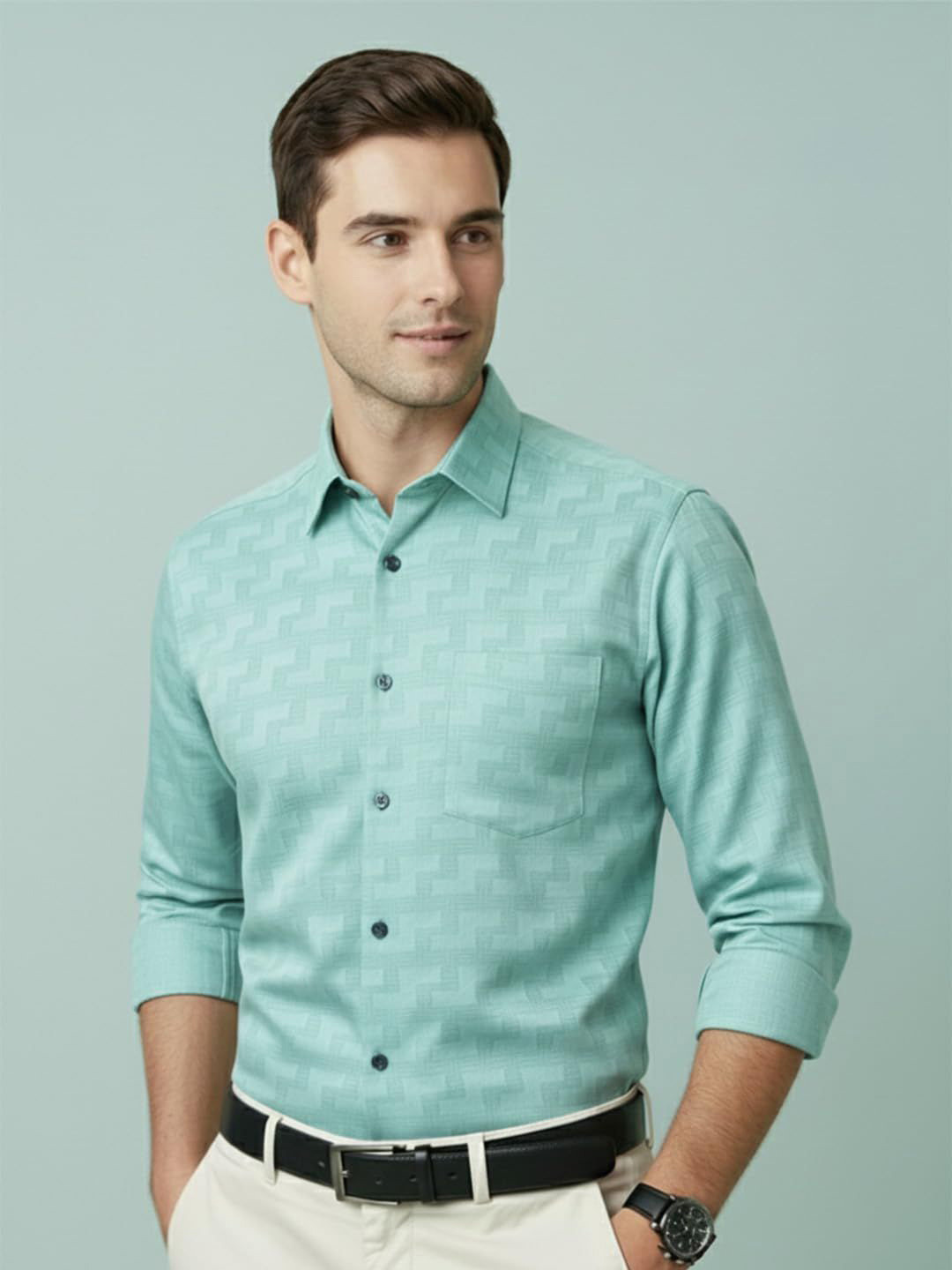 Vida Loca Smart Slim Fit Cotton Self Design Spread Collar Roll-Up Sleeves Semiformal Shirt