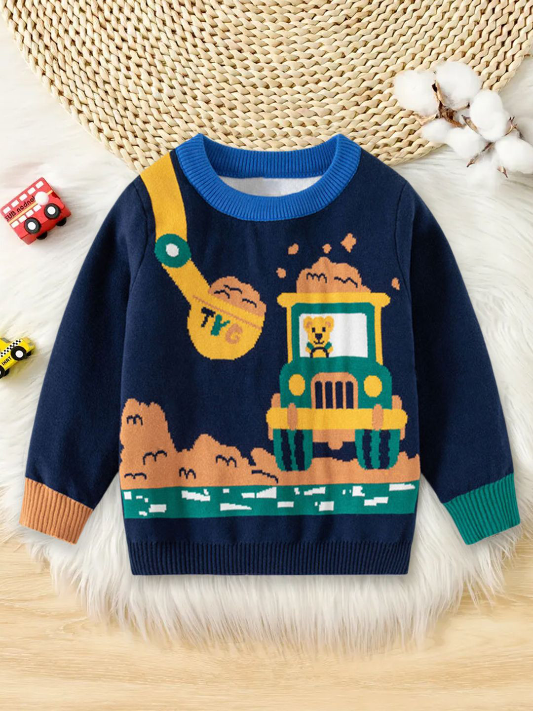 YK Boys Graphic Jeep Pattern Self-Design Regular Pullover Sweater