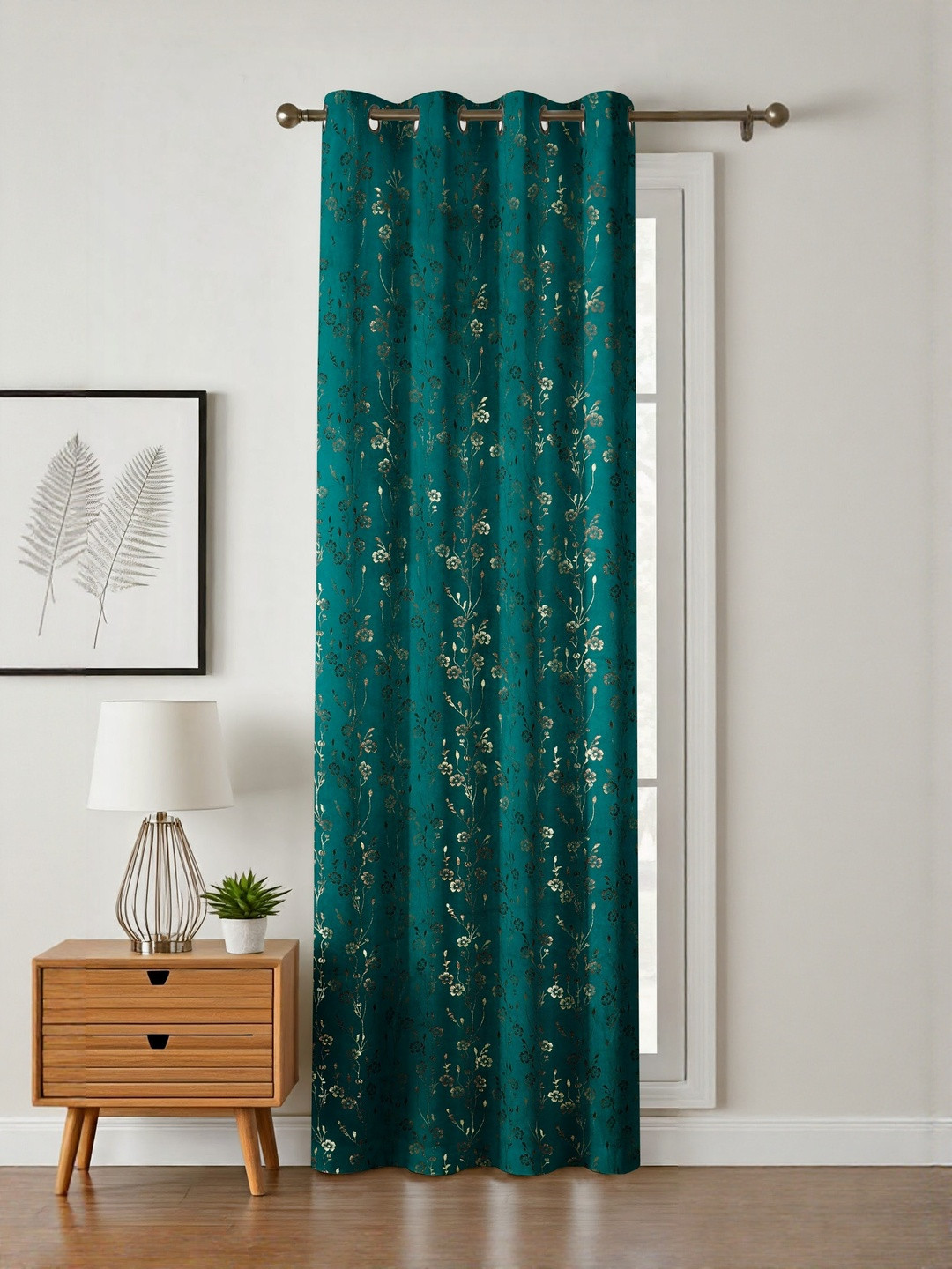 GEET CREATIONS Blue & Gold-Toned Floral Room Darkening Window Eyelet Velvet Curtain