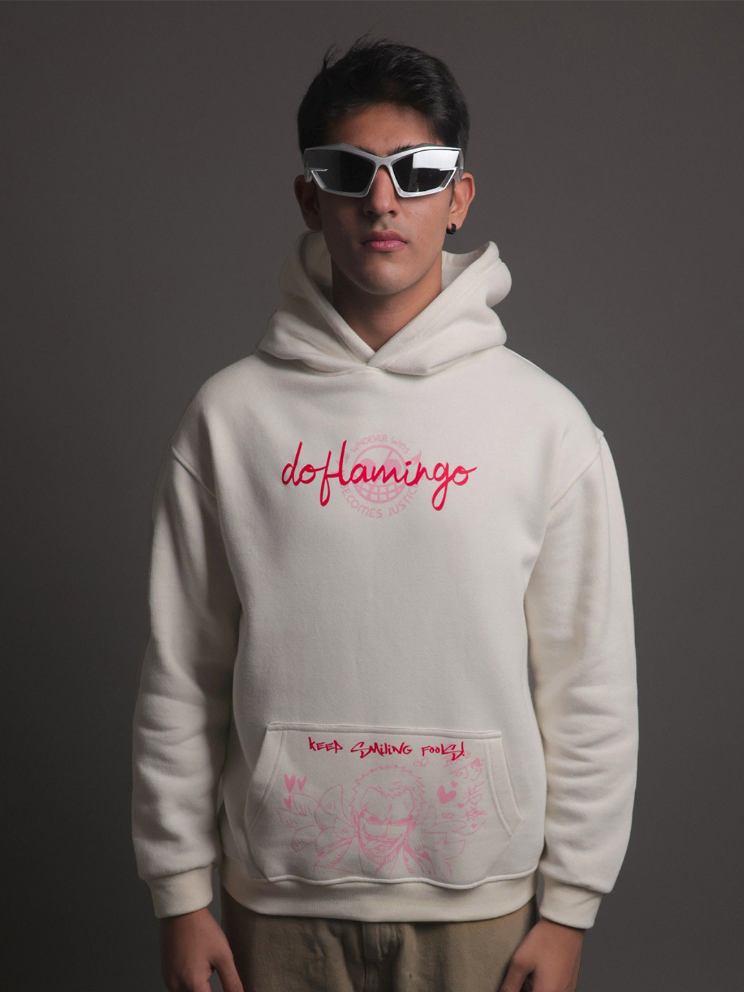 WHITE HUSK Doflamingo Anime Printed Cotton Oversized Hooded Sweatshirt