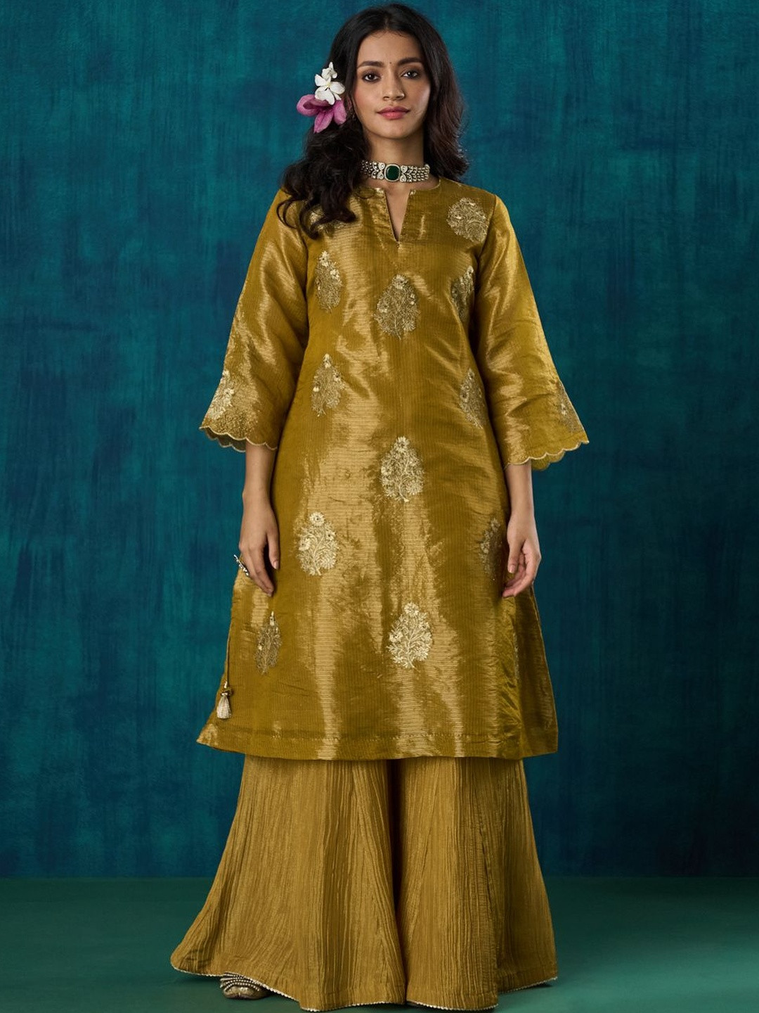 Mushio Women Set of 3 Mustard floral Embroidered Tissue kurta with Pants and Dupatta