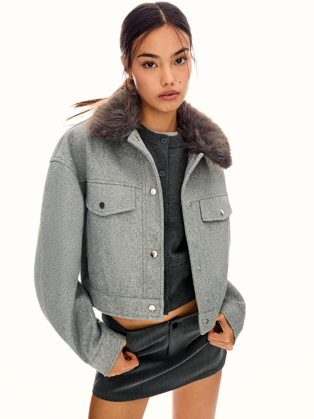 Bershka Women Faux fur collar Crop Tailored Jacket