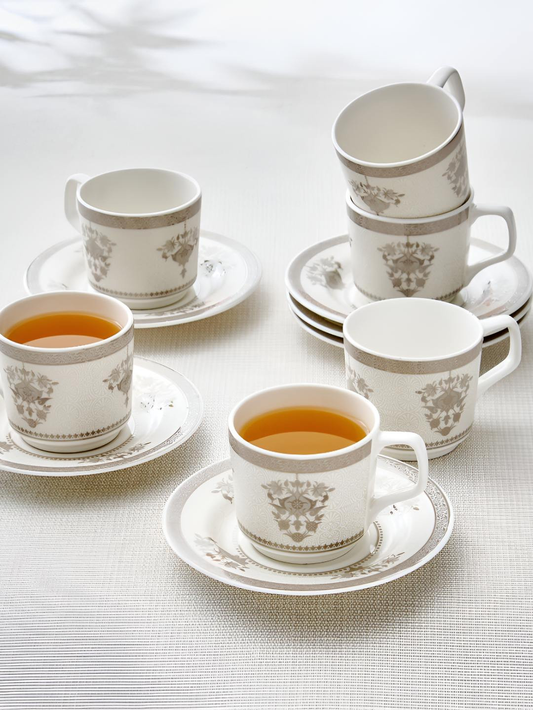 Home Centre Noori Grey & White 6 Pieces Printed Easy To Clean Glossy Cups & Saucers 190ml