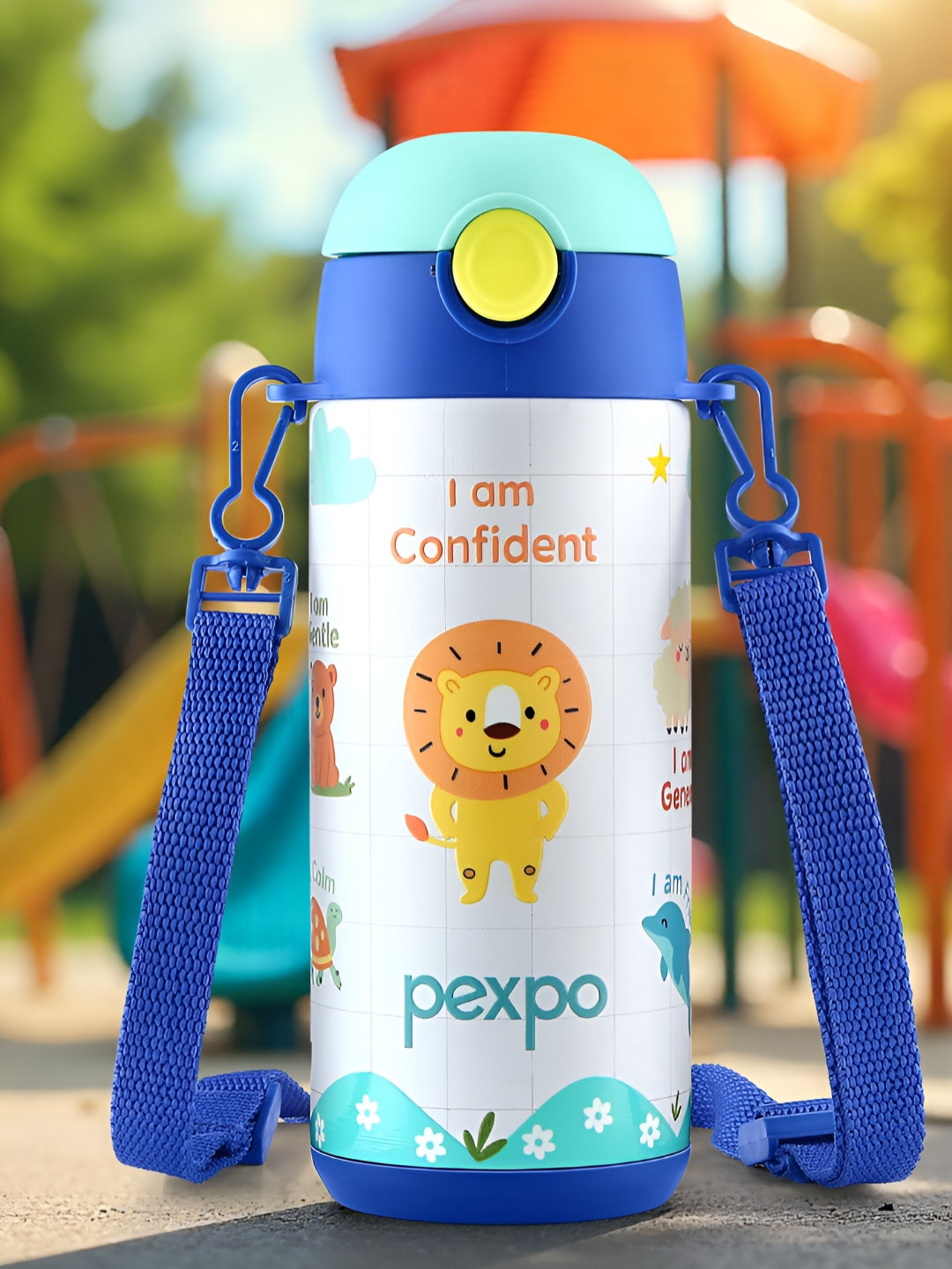 Pexpo Pixy White & Blue Lion Printed Double Wall Stainless Steel Water Bottle- 300 ml