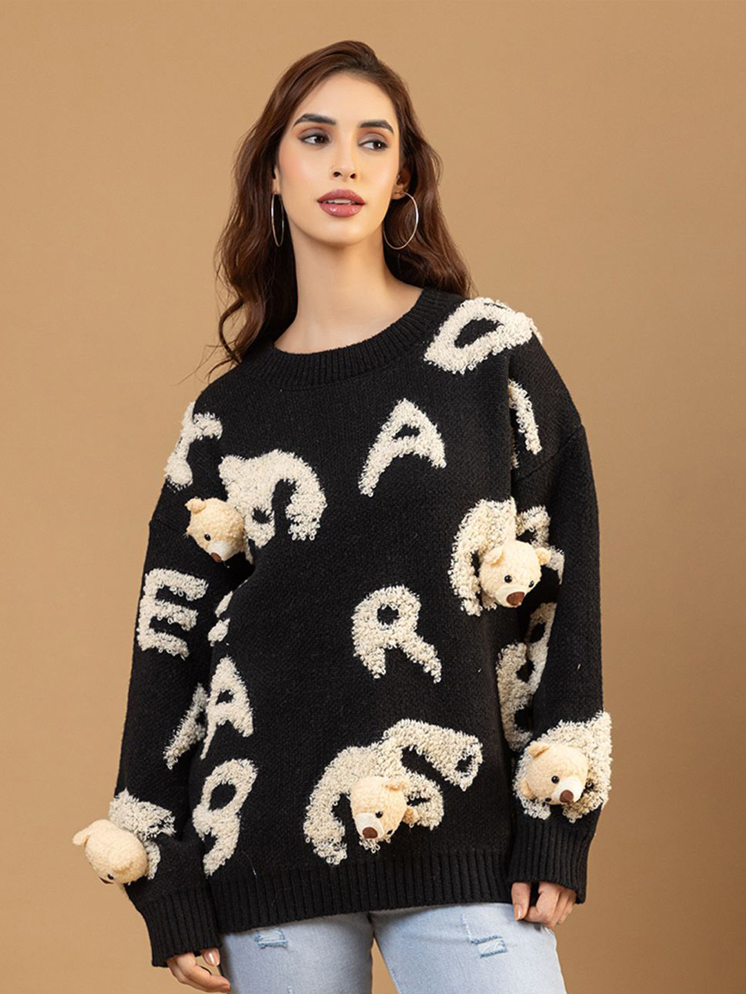 all about you Teddy Bear Self Design Round Neck Long Sleeves Woollen Pullover