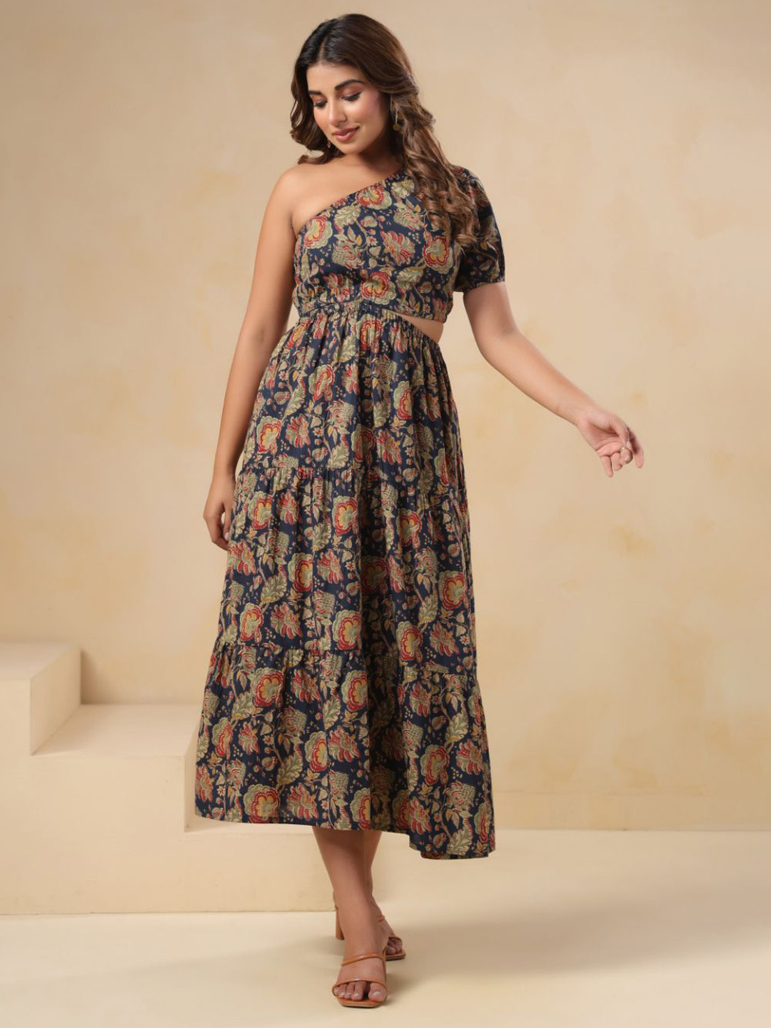 KIROSHAM Floral Printed One-Shoulder Midi Dress with Side Cutout