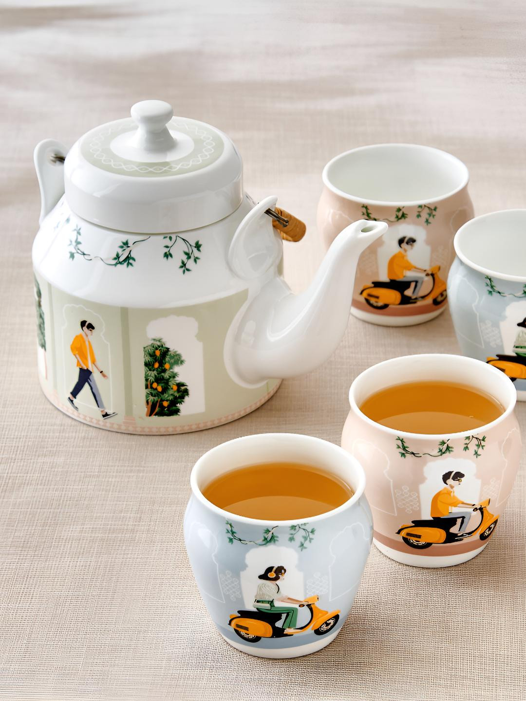 Home Centre Jalsa White & Green 5 Pieces Printed Easy To Clean Matte Kulhad Tea Set