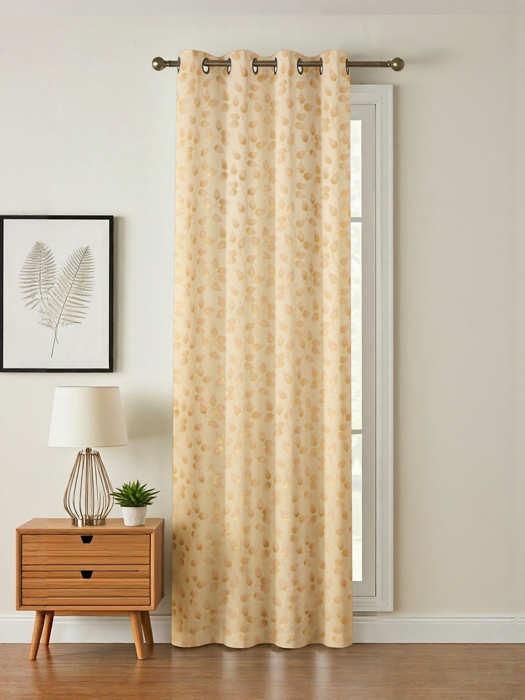 GEET CREATIONS Gold Toned Leaf Printed Fade Resistant Velvet Room Darkening Door Curtain