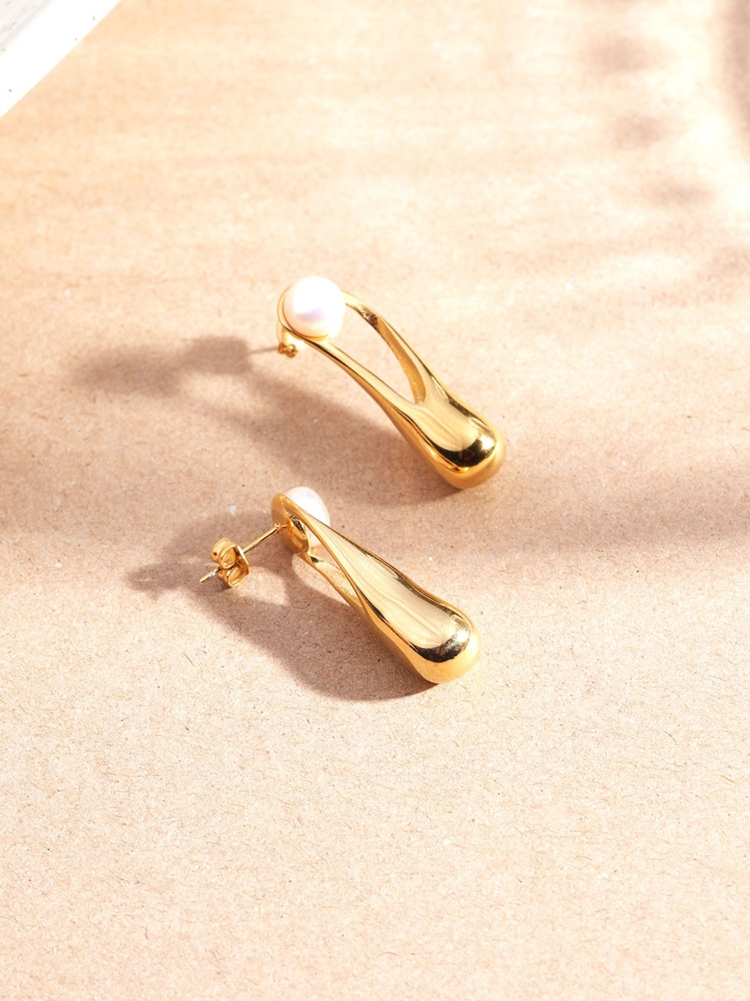 PALMONAS Gold-Plated Stainless Steel Waterproof & Anti-Tarnish Pearl Drift Drop Earrings