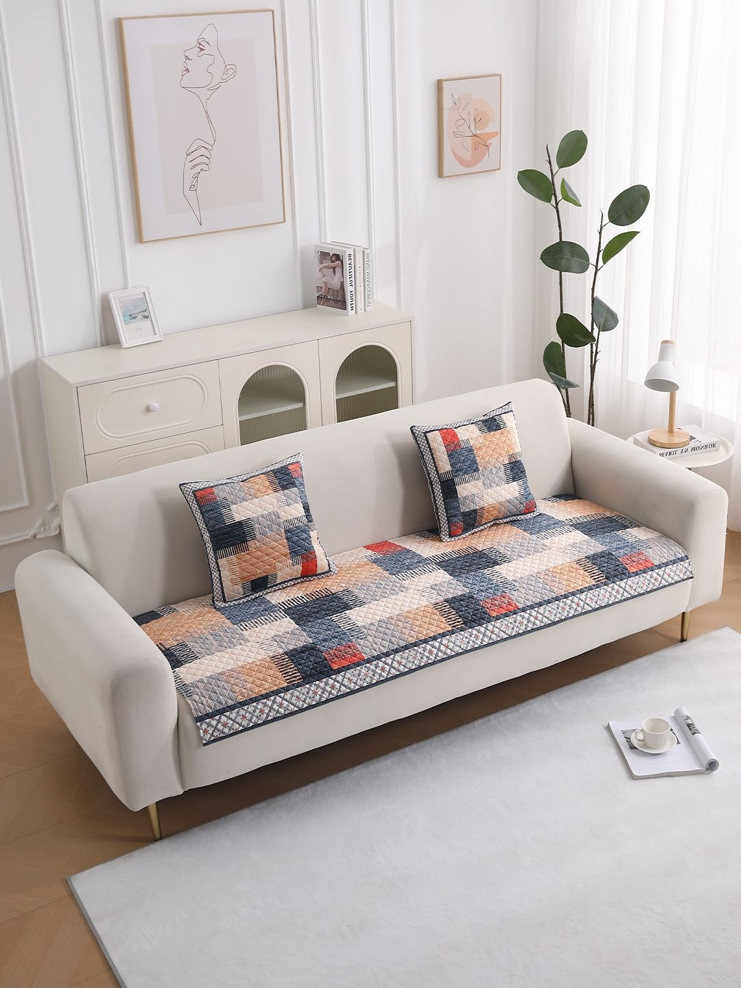 HOKIPO LiefNest Blue & Yellow Printed Holland Velvet Sofa Mat with Foam Filling