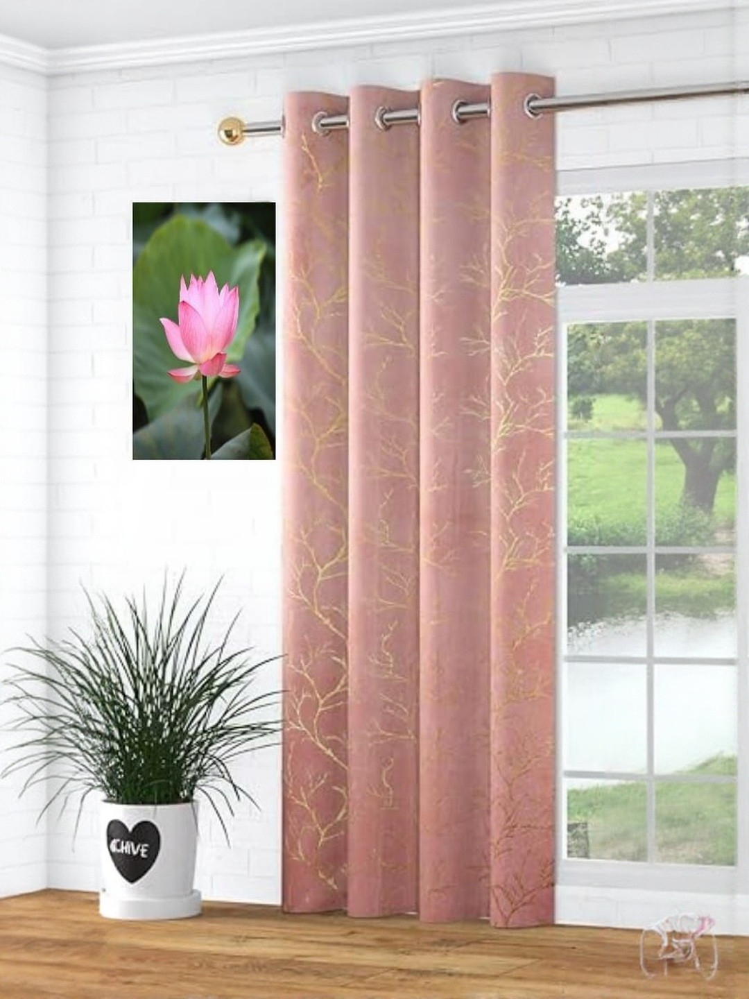 GEET CREATIONS Pink Foil Printed Room Darkening Velvet Long Door Curtain