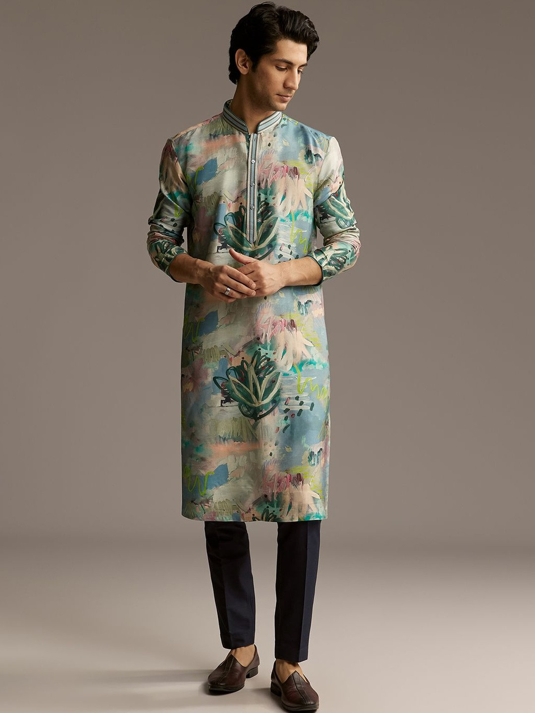 KALKI Fashion Men Artistic Brushstroke Printed Kurta with Trousers