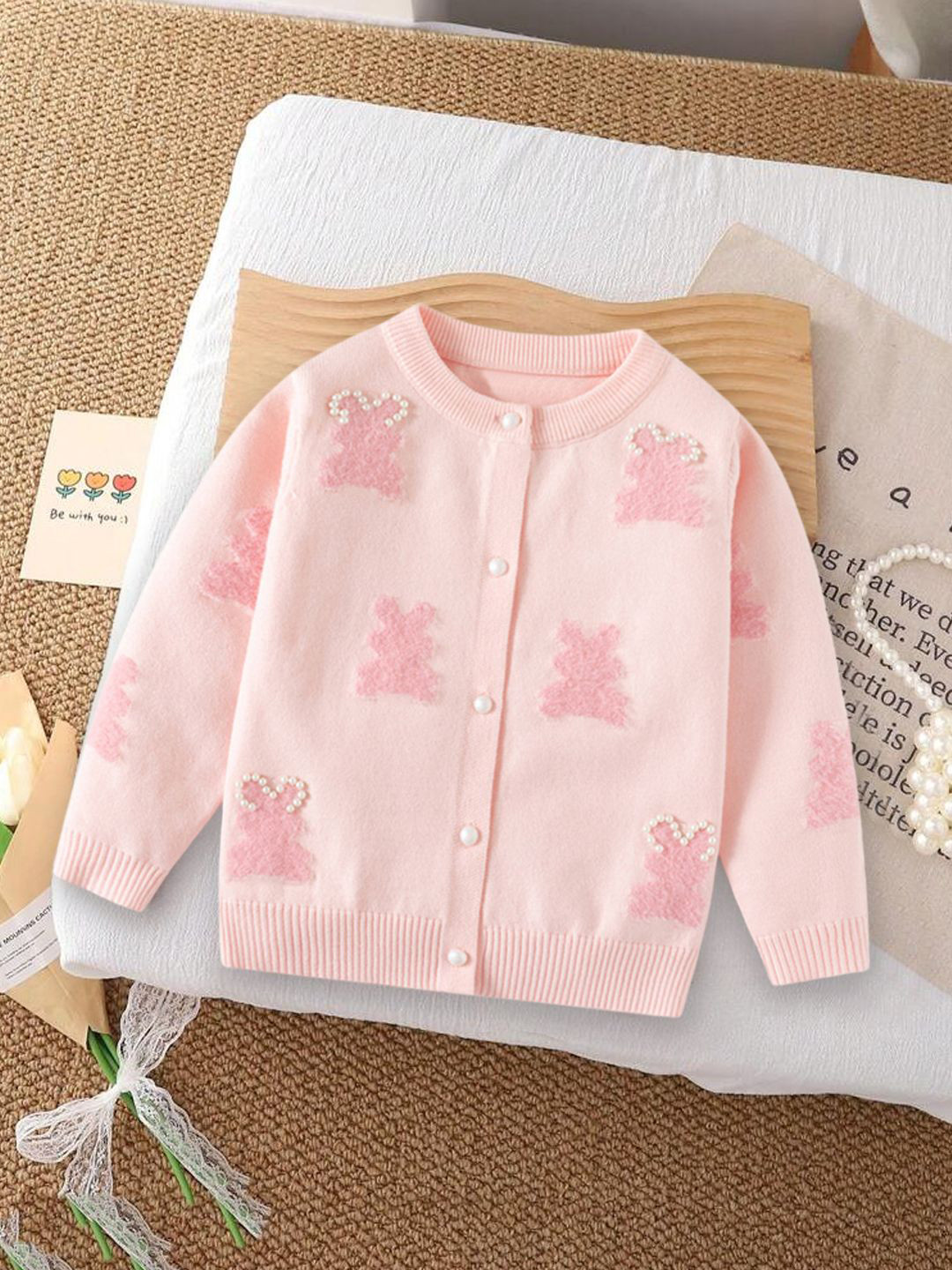 YK Girls  Light Pink Self-Design Winter Cardigan