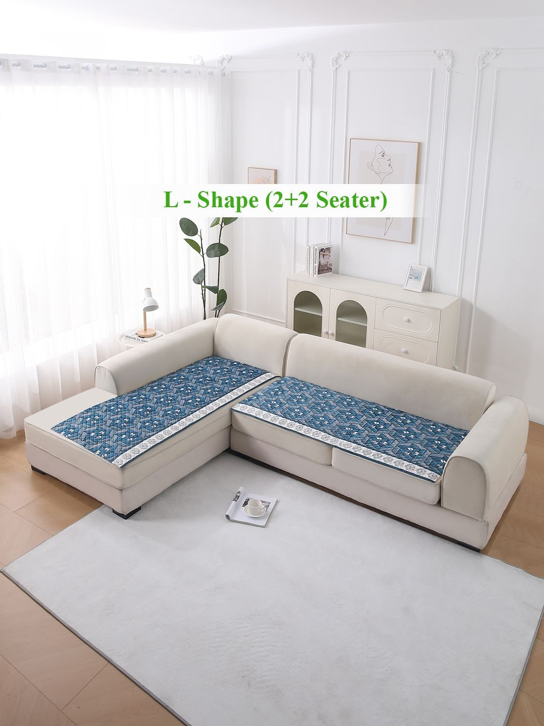 HOKIPO LiefNest Blue 2 Pc Printed Velvet L Shape 4 Seater Sofa Cover Mat with Foam Filling