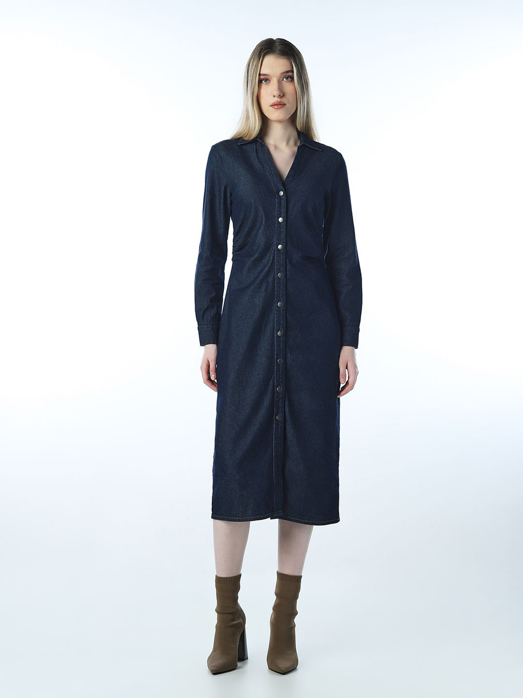 ONLY Denim Shirt Long Sleeves Shirt Collar Midi Dress