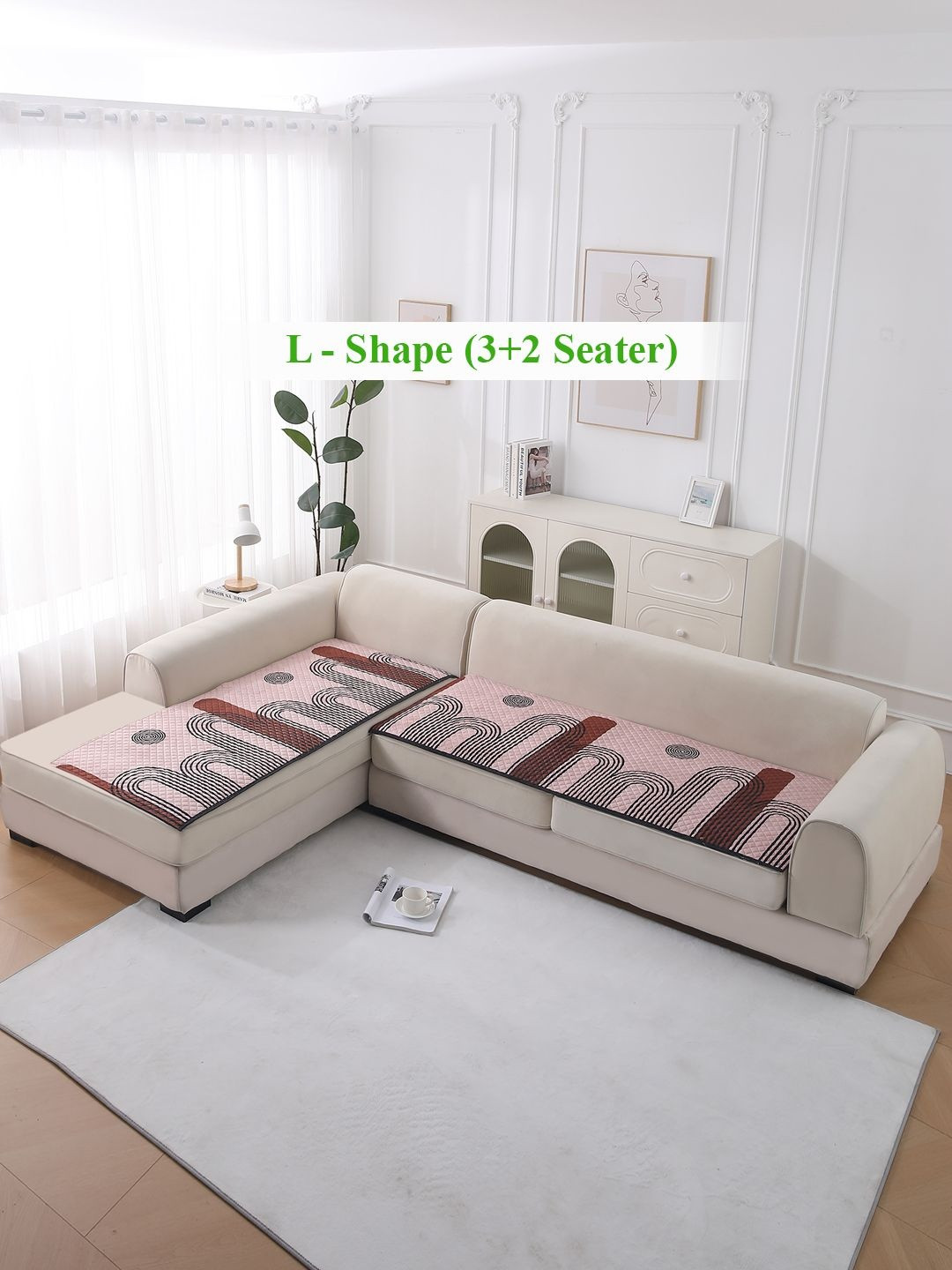 HOKIPO LiefNest Purple 2 Pcs Printed Holland Velvet L Shape 5 Seater Sofa Covers & Filling