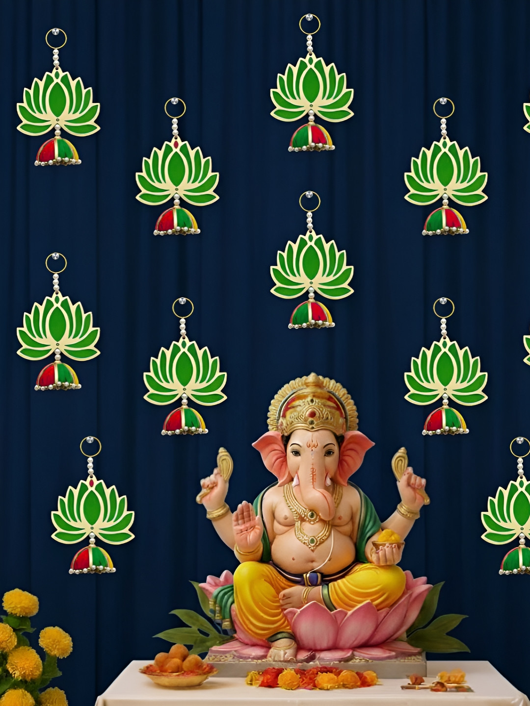 ASIDEA 12-Pcs Green Wooden Lotus Toran
