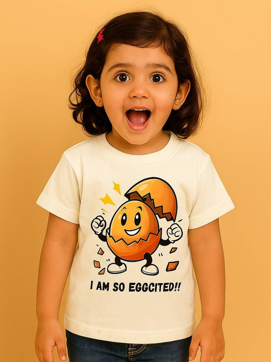 HapyHatch Girls Eggcited Printed Round Neck Short Sleeves Pure Cotton Tshirt