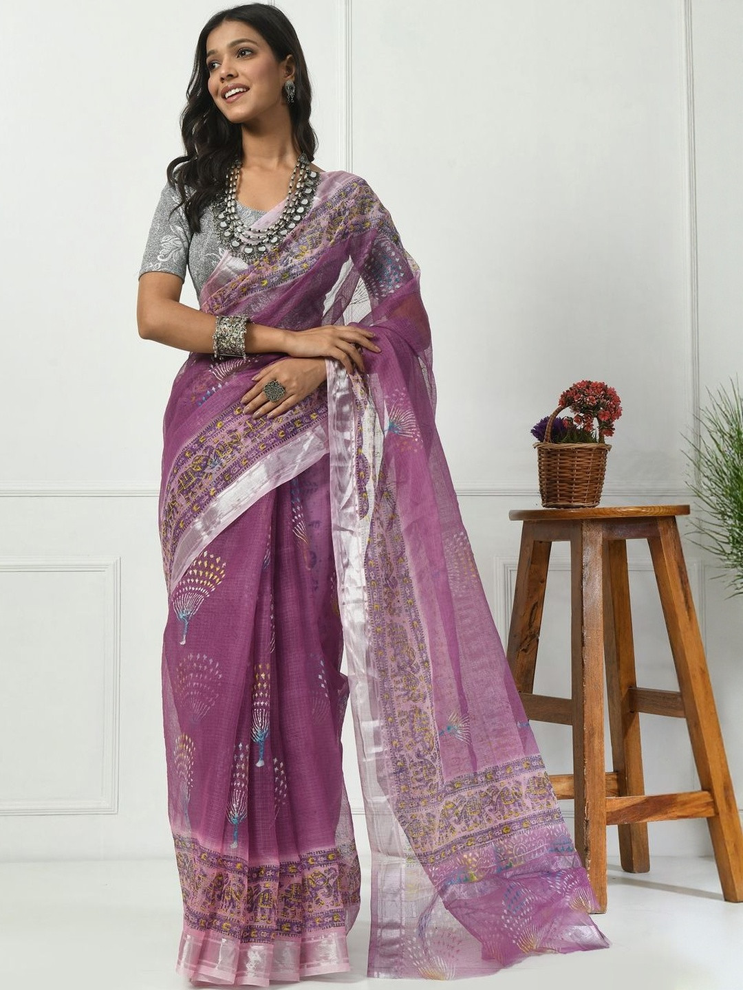 365 WINKS Women Lavender Cotton Saree with Silver Design Border