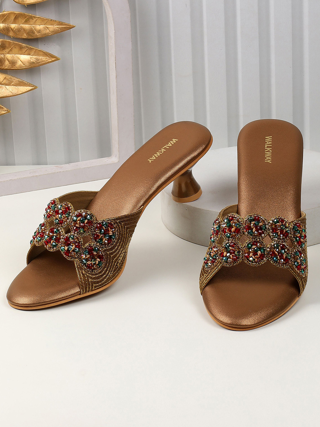 WALKWAY by Metro Women Embellished Kitten Heel Sandals With Beaded