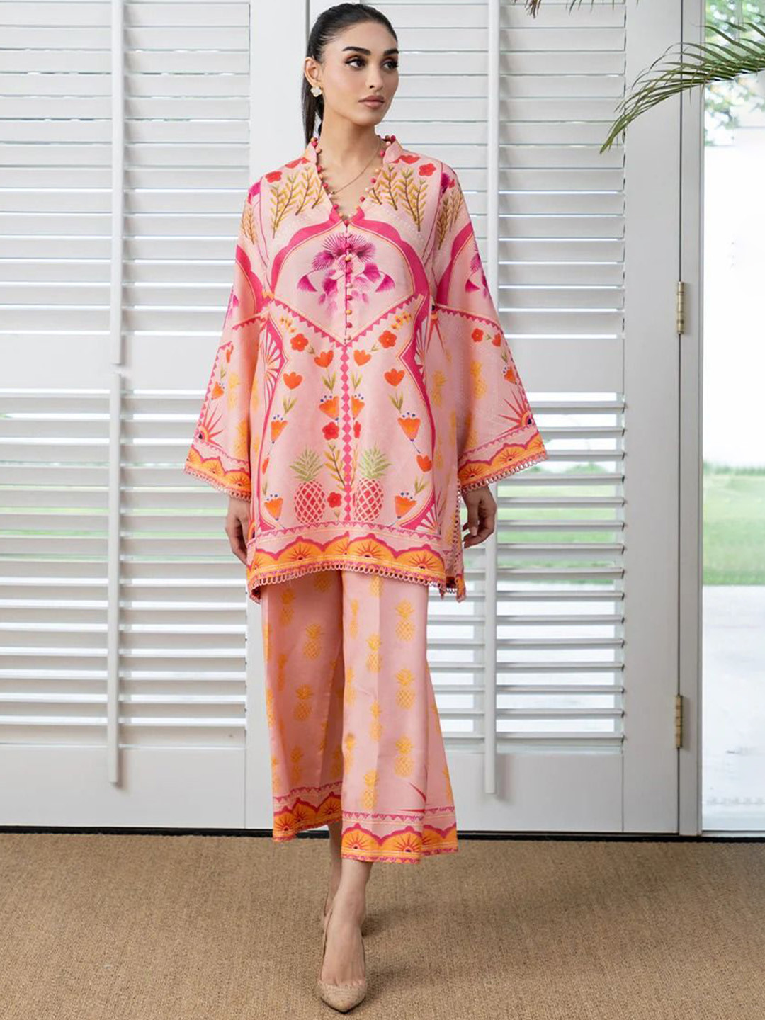 ROMONIA Printed Mandarin Collar Tunic With Palazzos