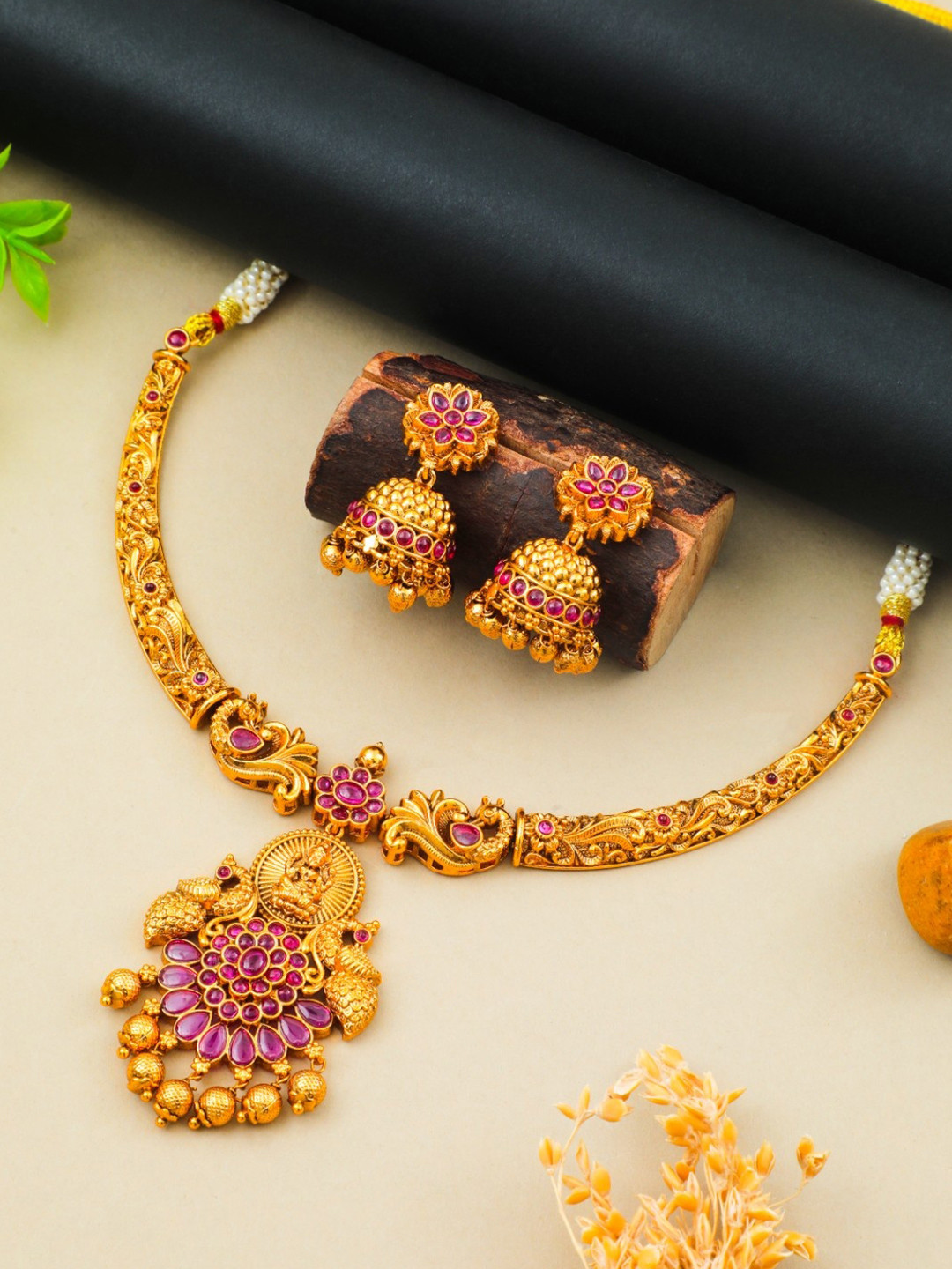 South Temple Jewellery Gold-Plated Stones Studded & Beaded Antique Necklace With Earrings