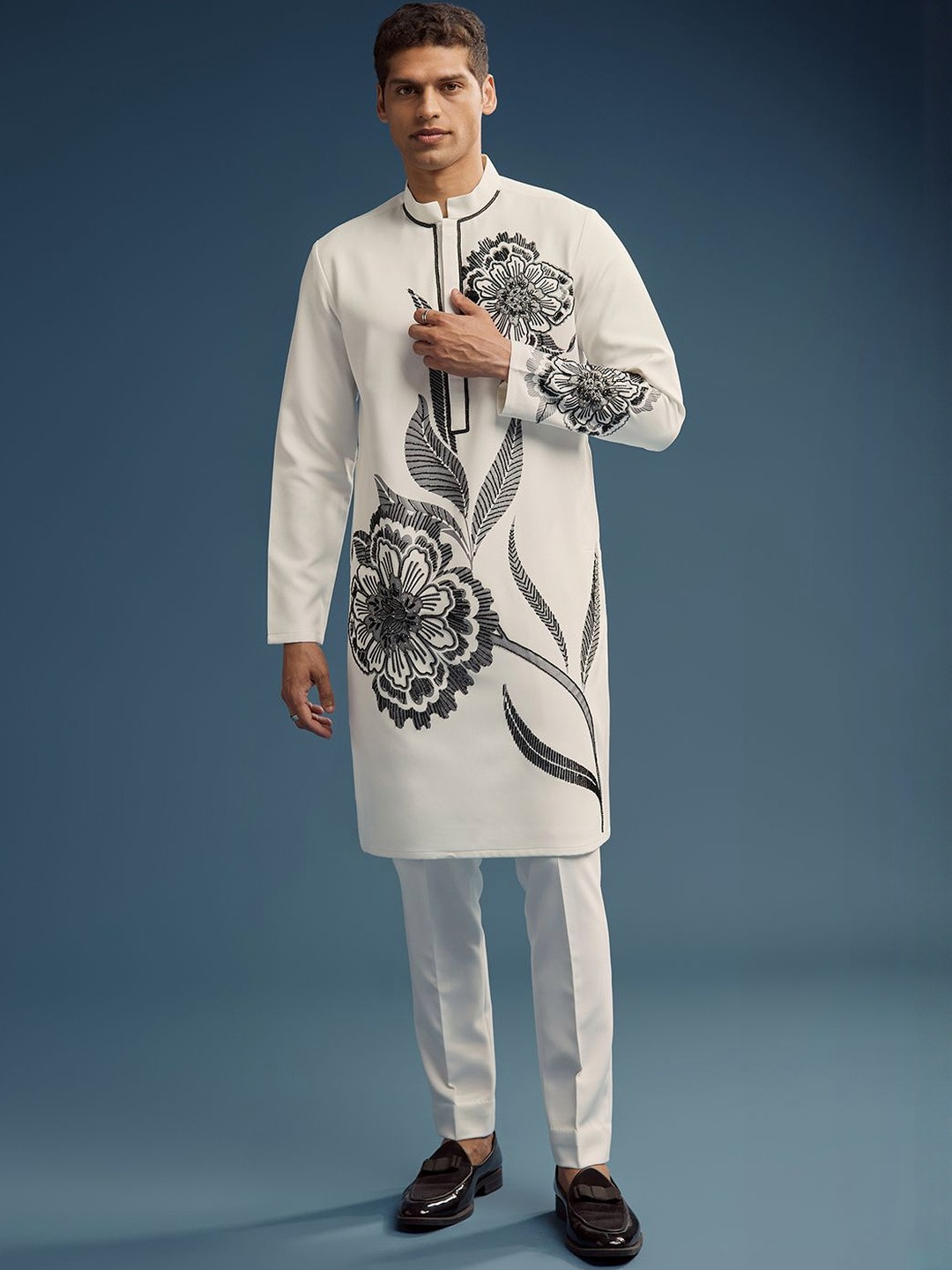 KALKI Fashion Floral Embroidered Organic Cotton Thread Work Straight Kurta With Trousers