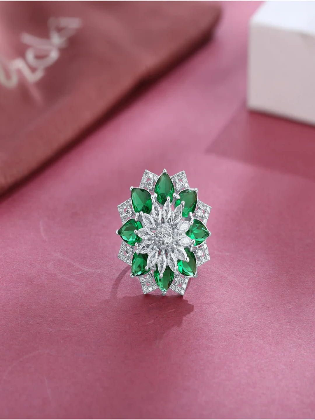 Zoki Sterling Silver Plated Emerald And Cubic Zirconia-Studded Finger Ring