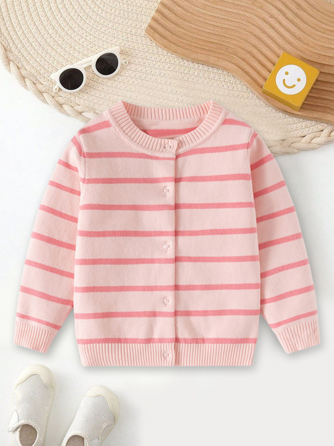 YK Girls Light Pink Self-design Stripe Pattern Cardigan