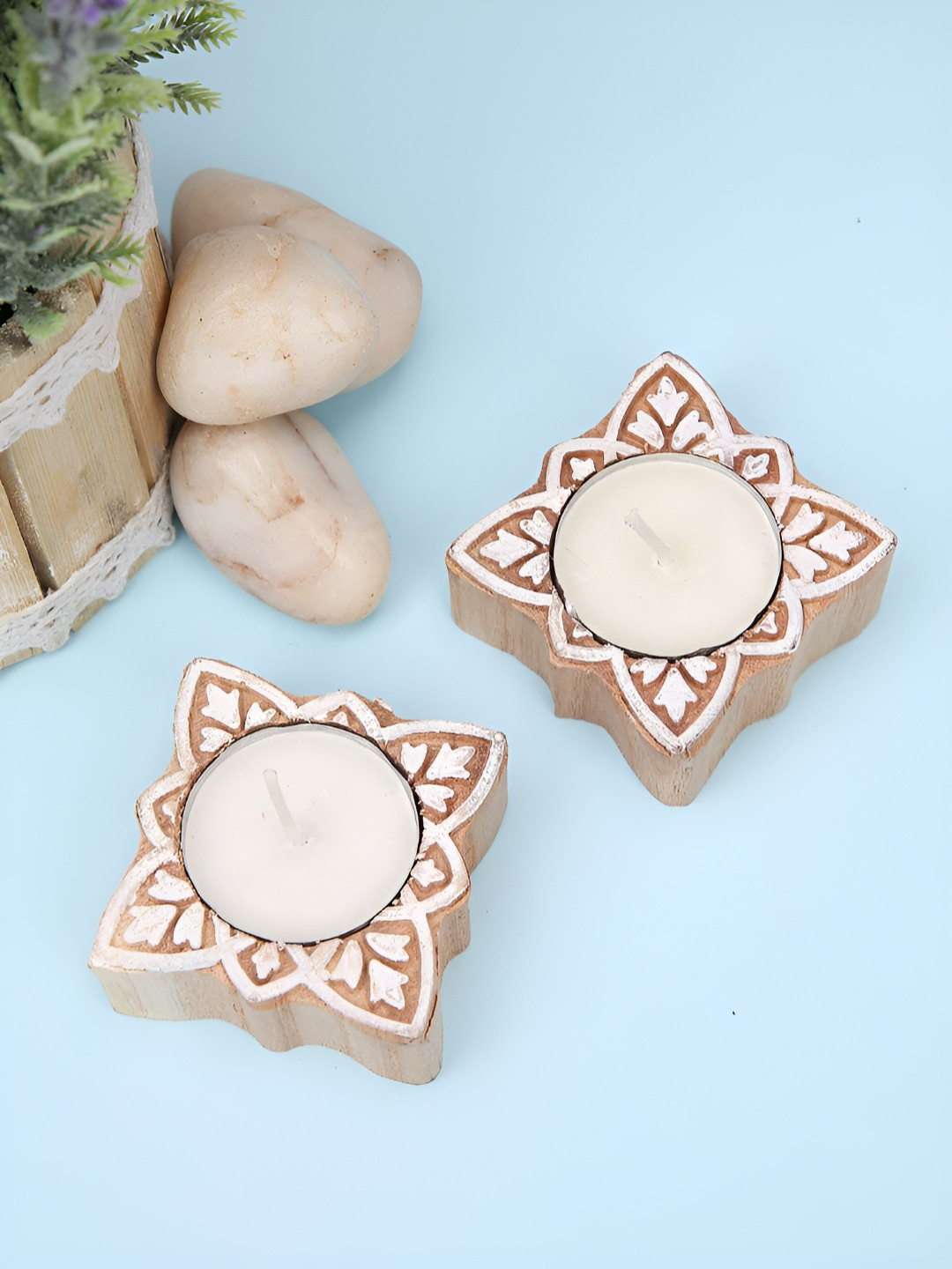 Aapno Rajasthan Cream And Brown 2 Pieces Wooden Candle Holders