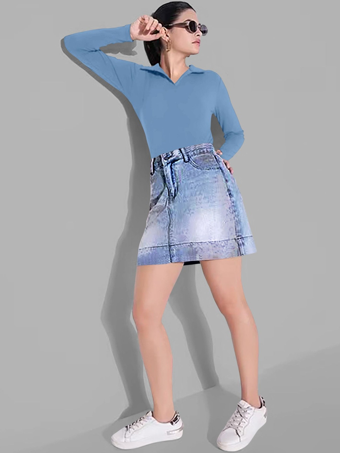 Maheshvi Top-26-Apple-SkyBlue Women Shirt Collar Long Sleeves Fitted Top