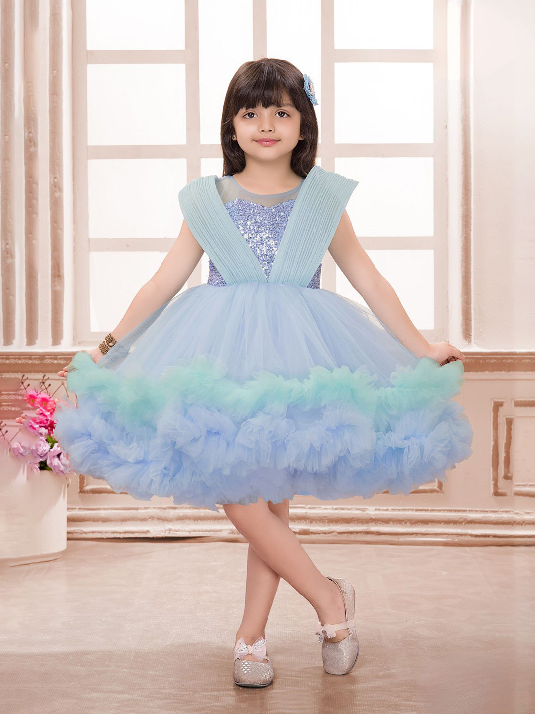 Lagorii Blue Girls Embellished Layered Ruffle Round Neck Sleeveless Net Fit & Flare Dress